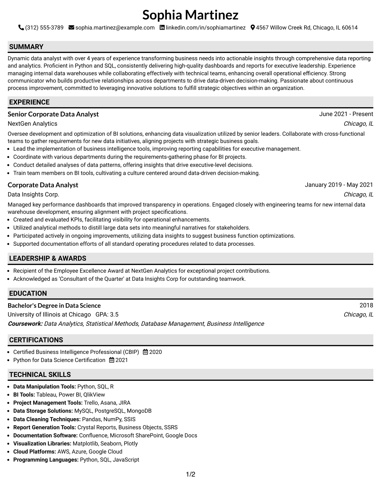 Resume Example Page 1
