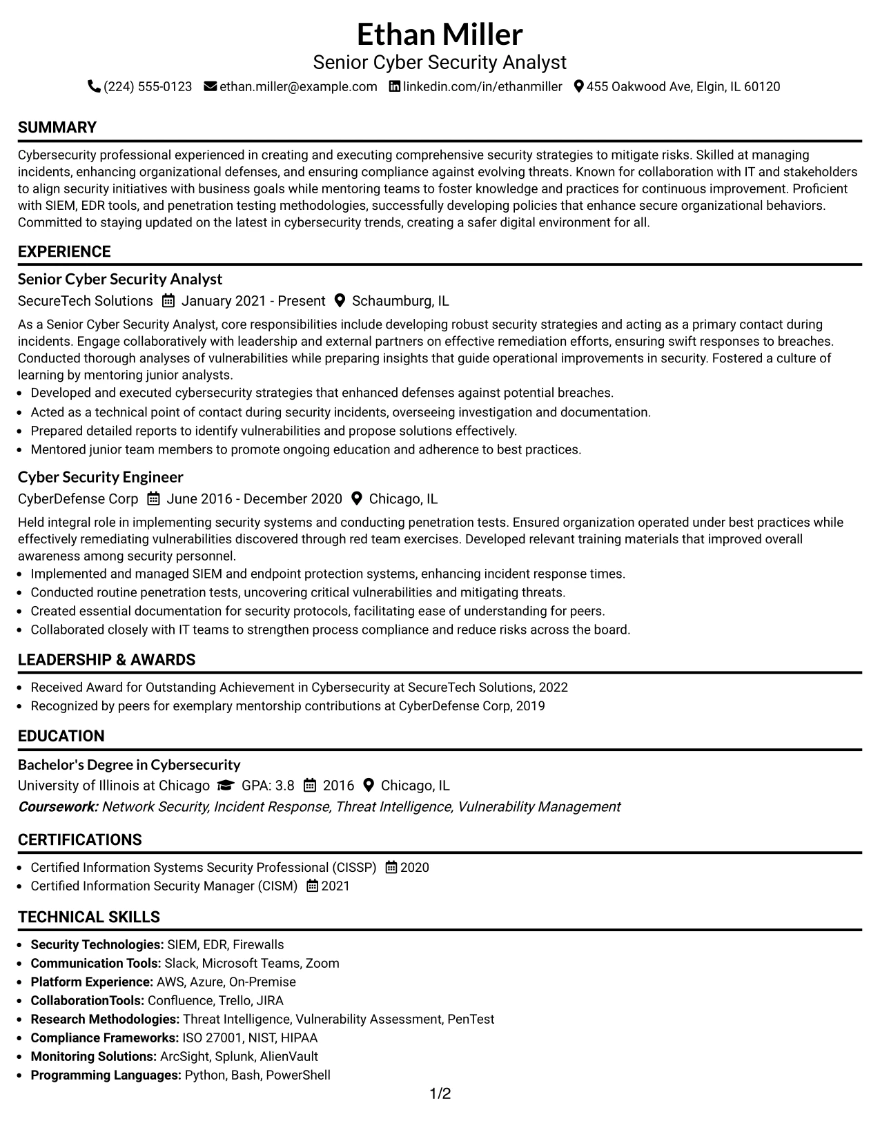 Resume Example Page 1