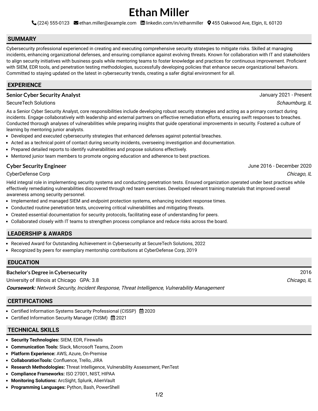 Resume Example Page 1