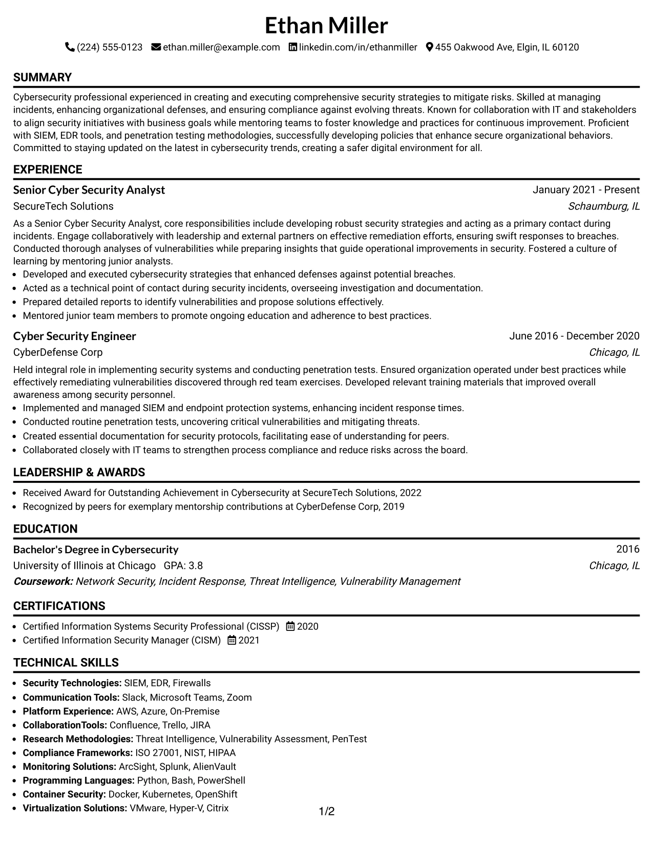 Resume Example Page 1