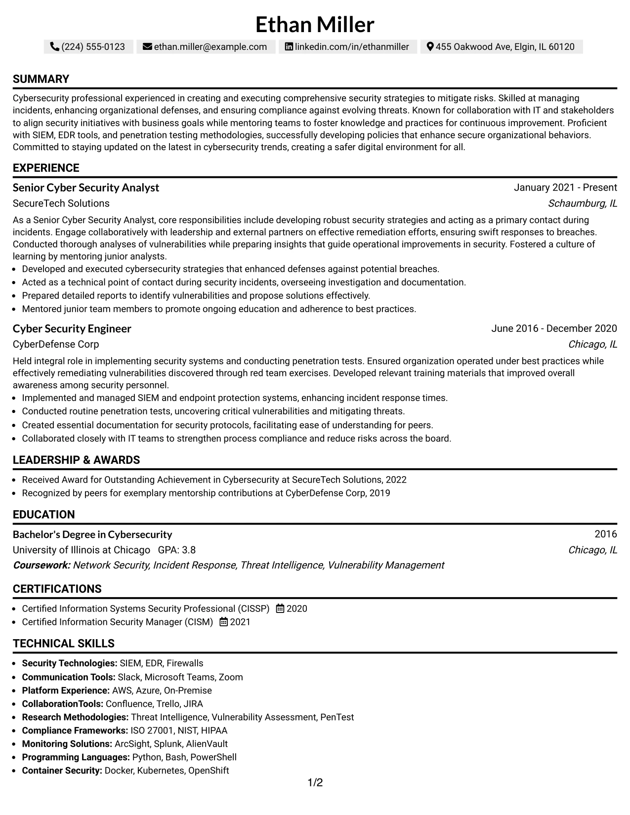 Resume Example Page 1