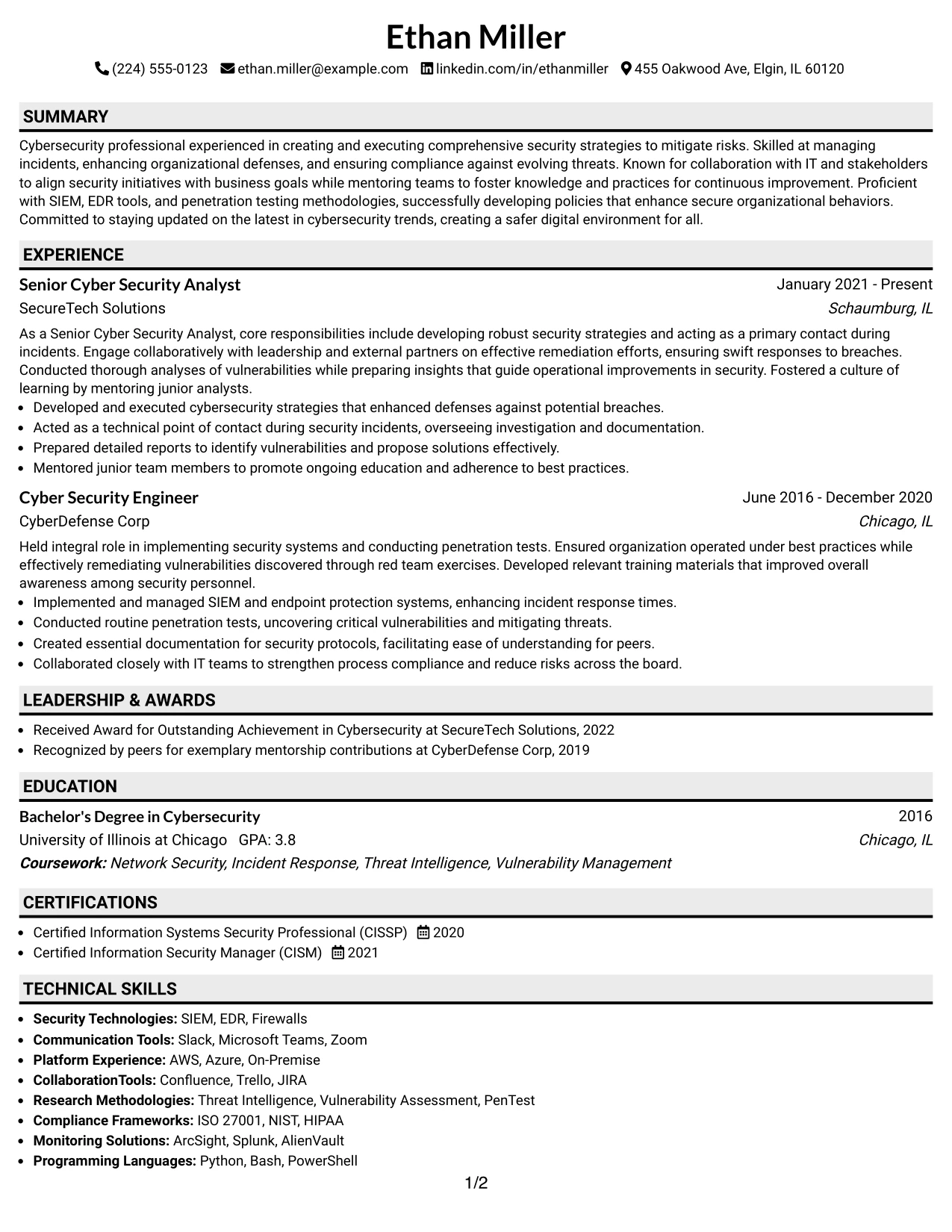 Resume Example Page 1
