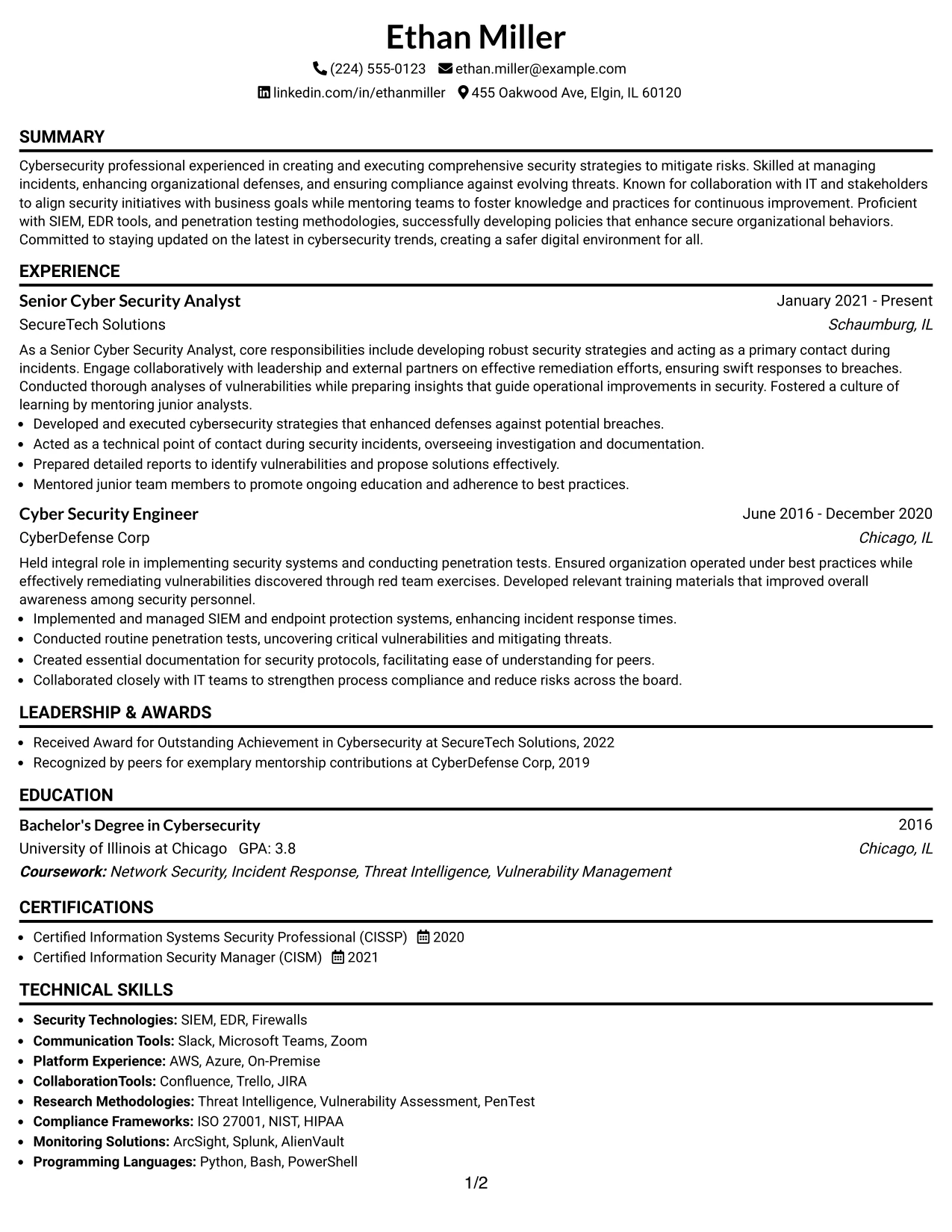 Resume Example Page 1