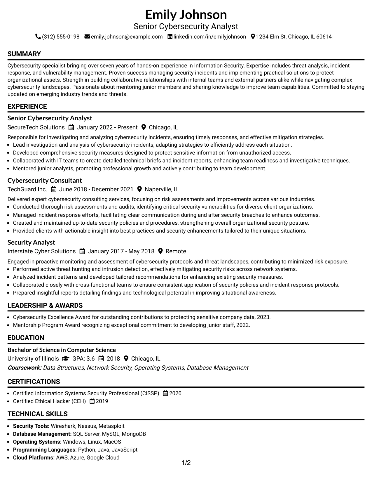 Resume Example Page 1