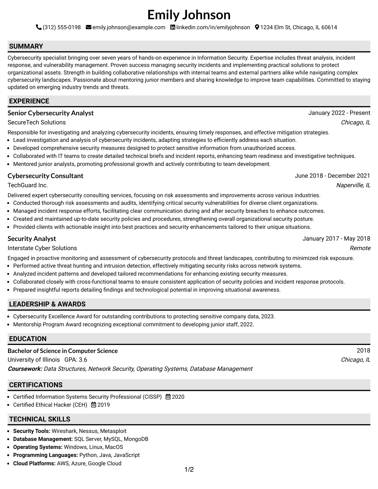 Resume Example Page 1