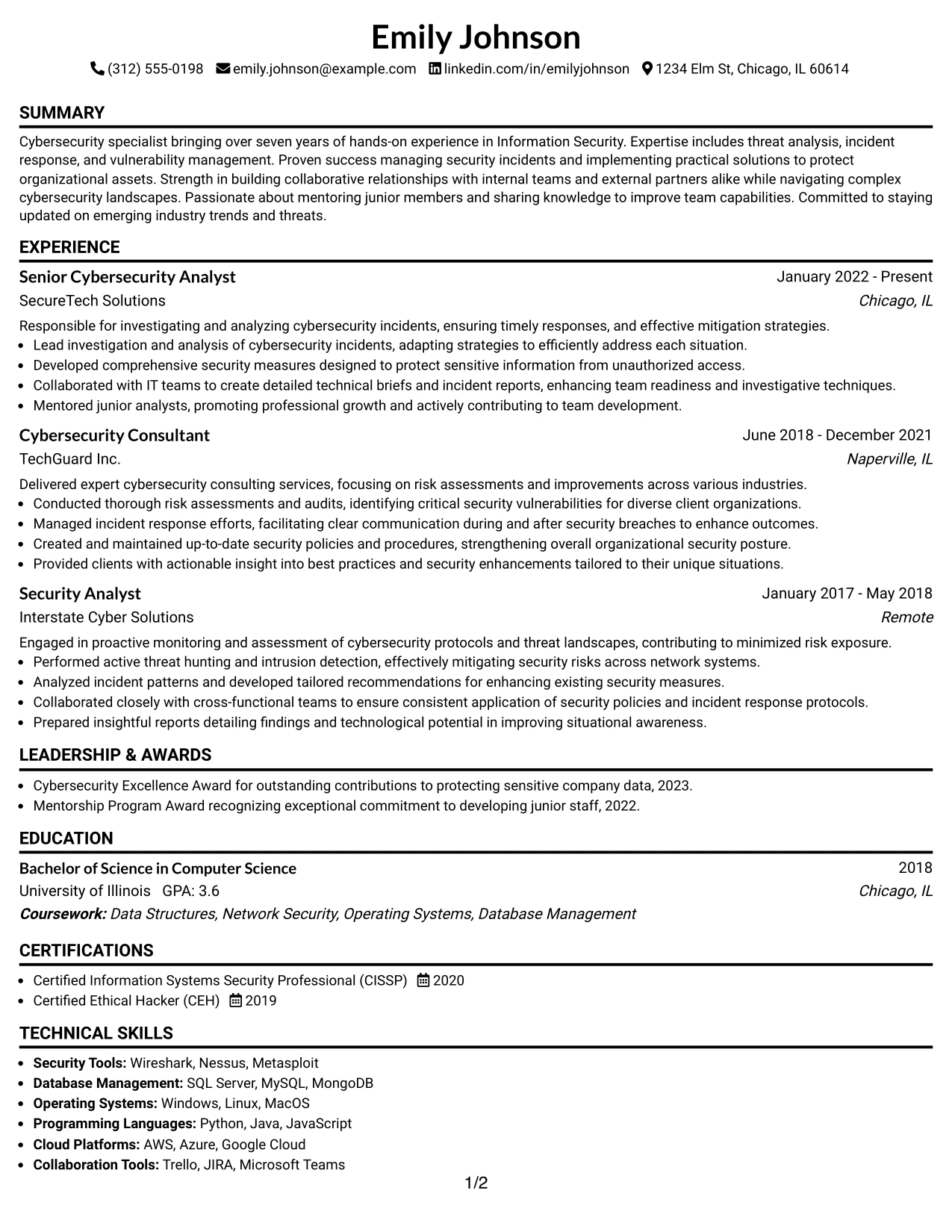 Resume Example Page 1