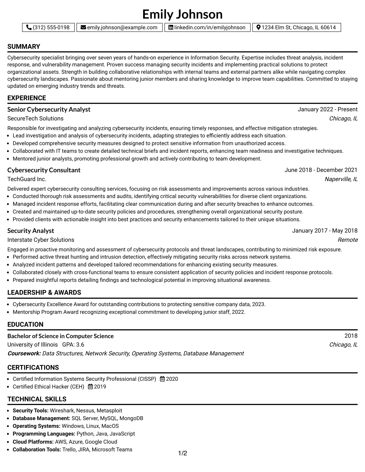 Resume Example Page 1