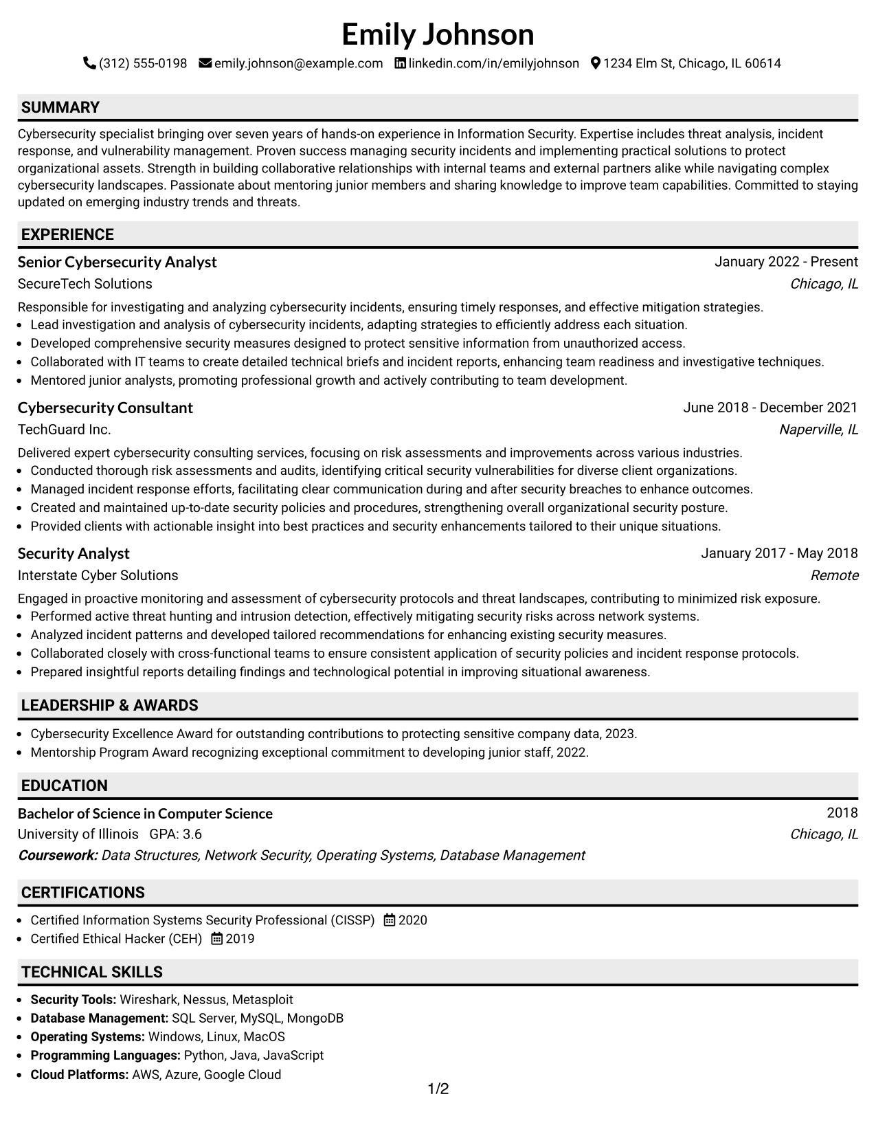 Resume Example Page 1