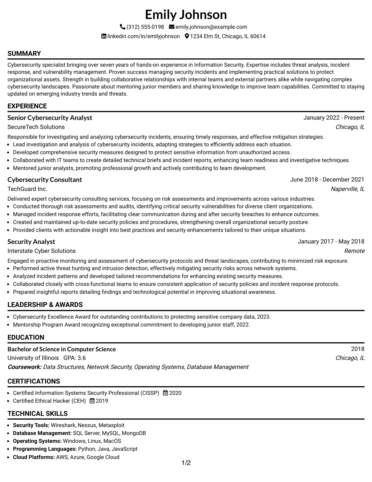 Resume Example Page 1