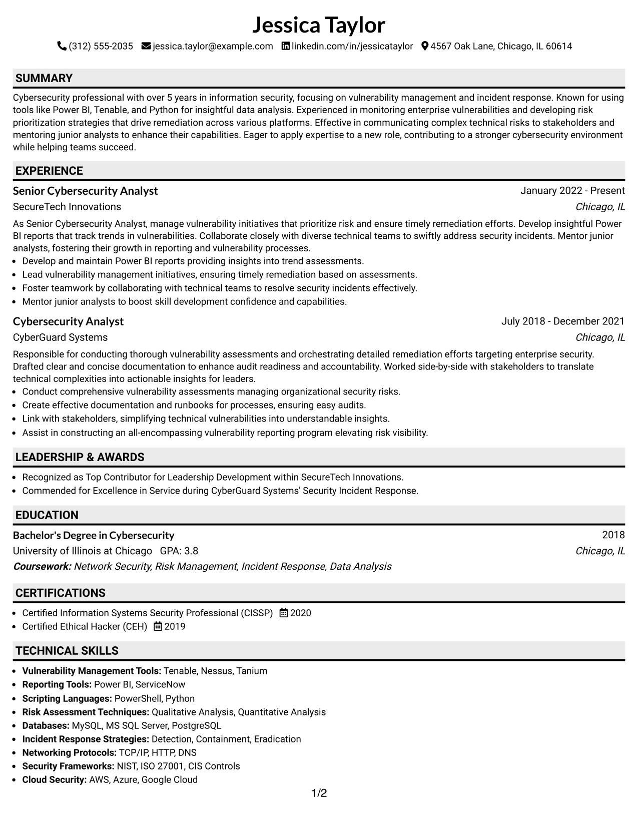 Resume Example Page 1