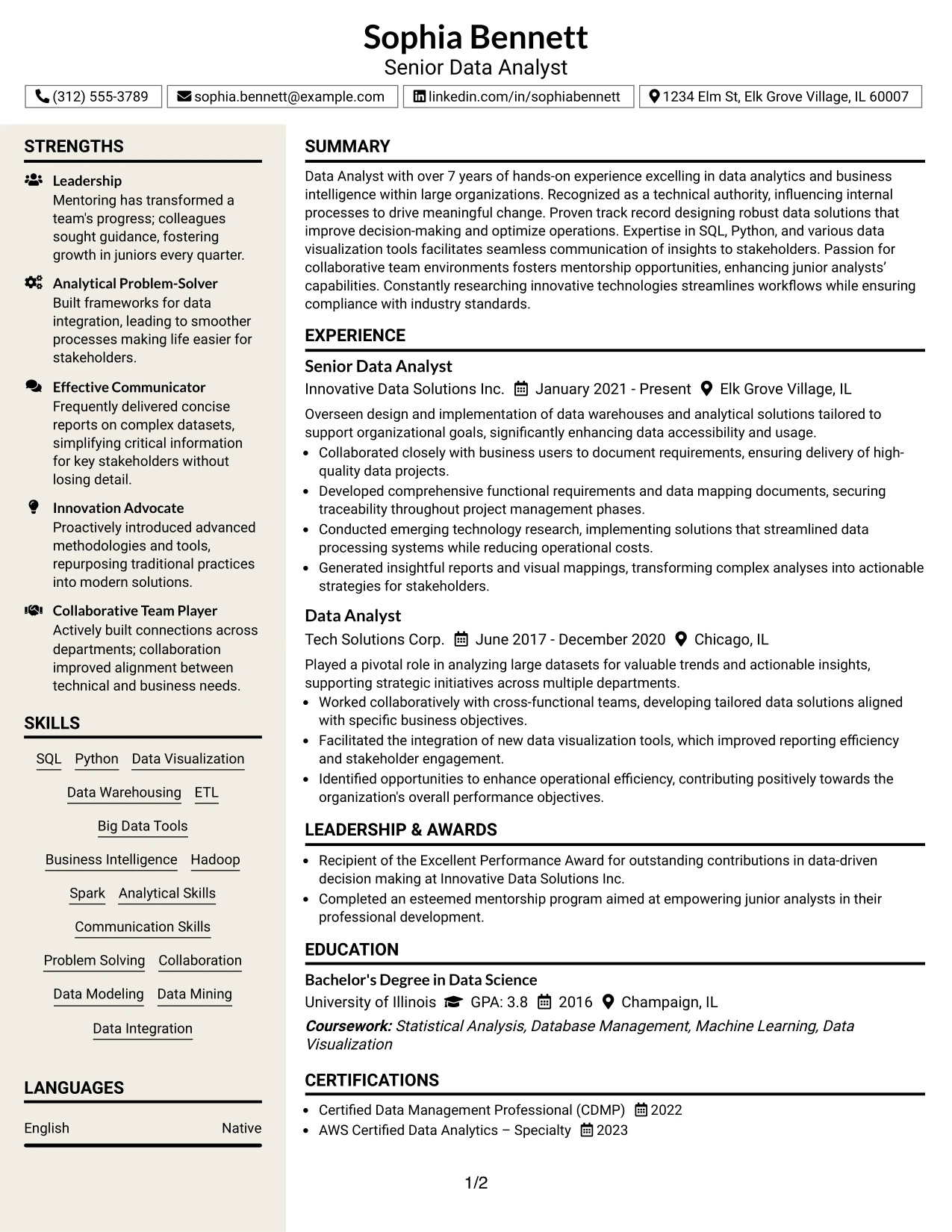 Resume Example Page 1
