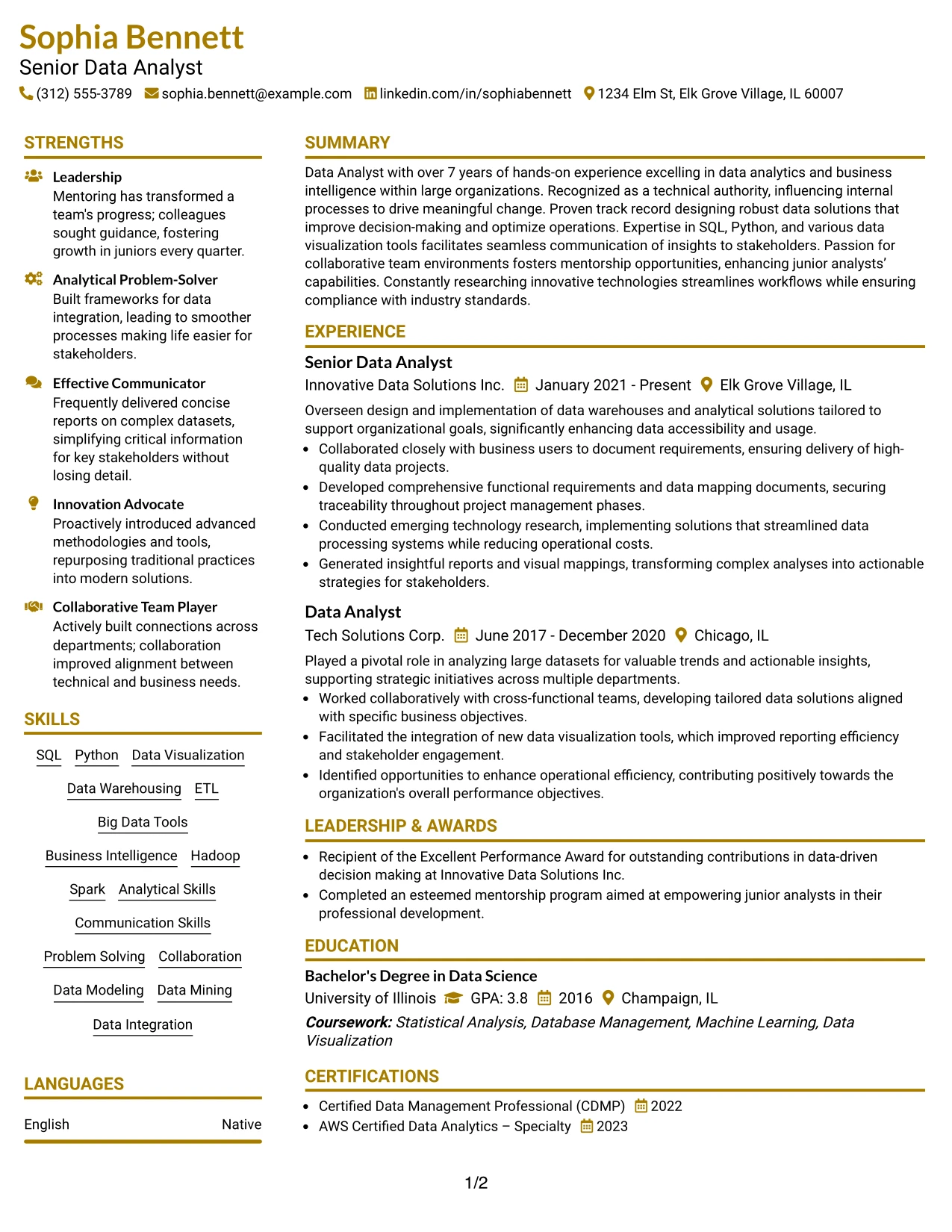 Resume Example Page 1