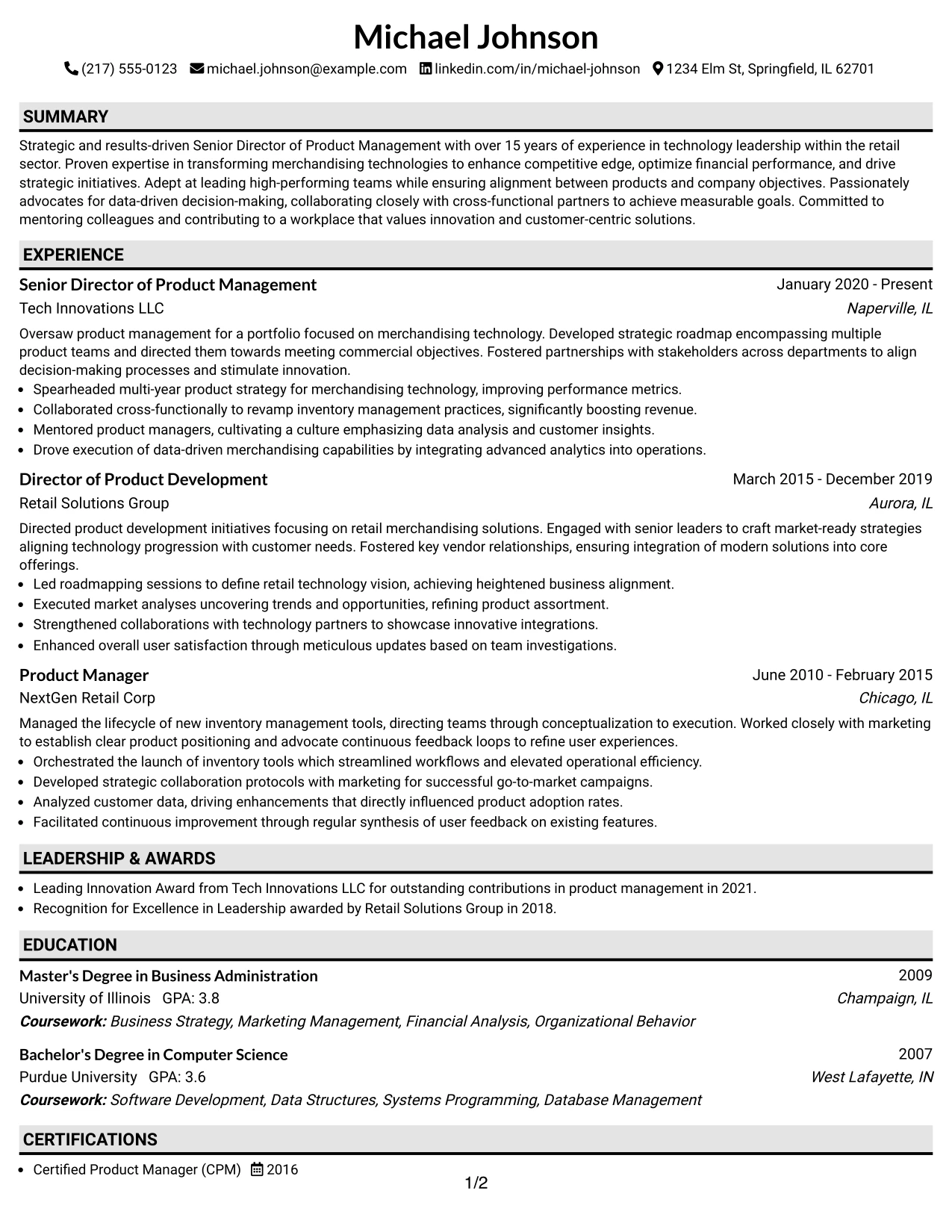 Resume Example Page 1