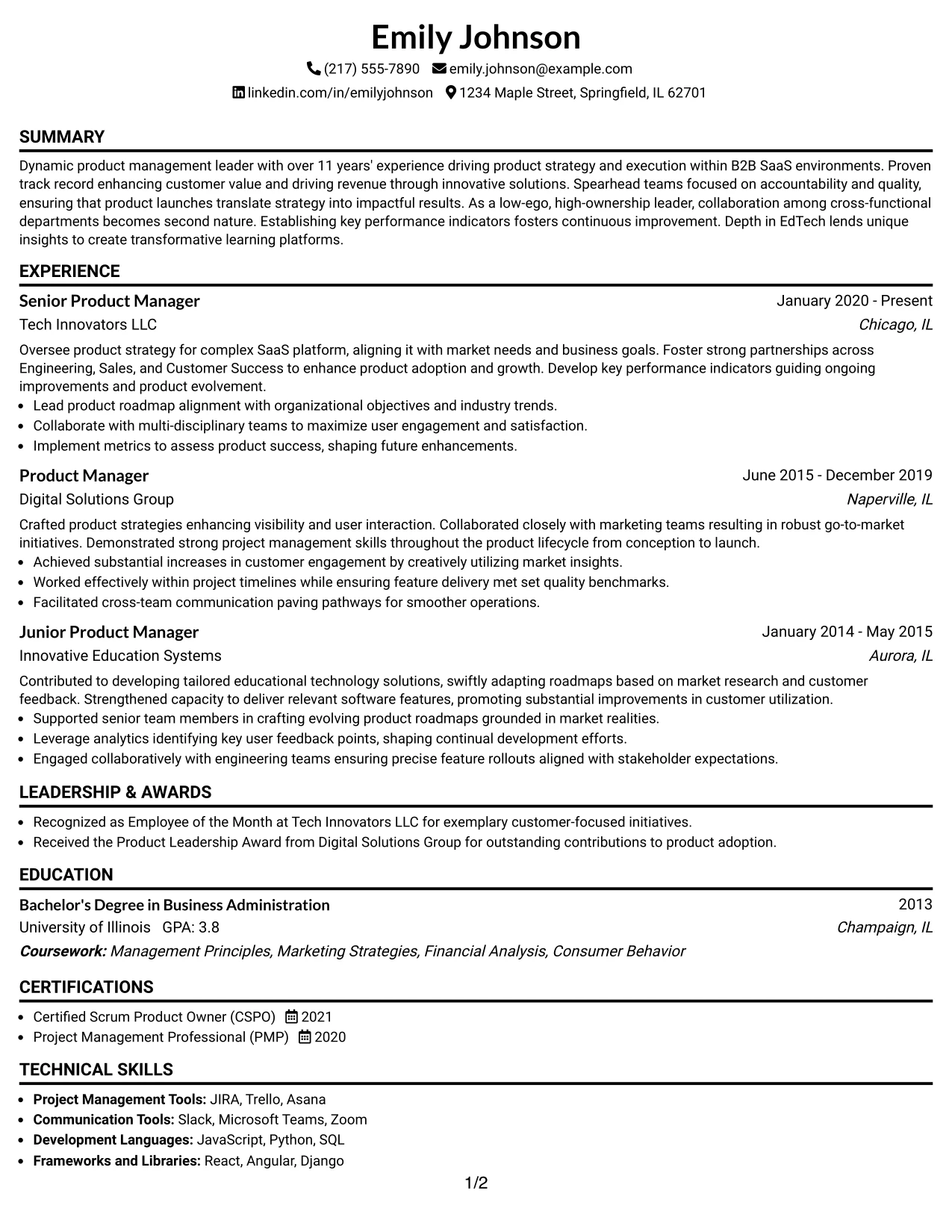 Resume Example Page 1