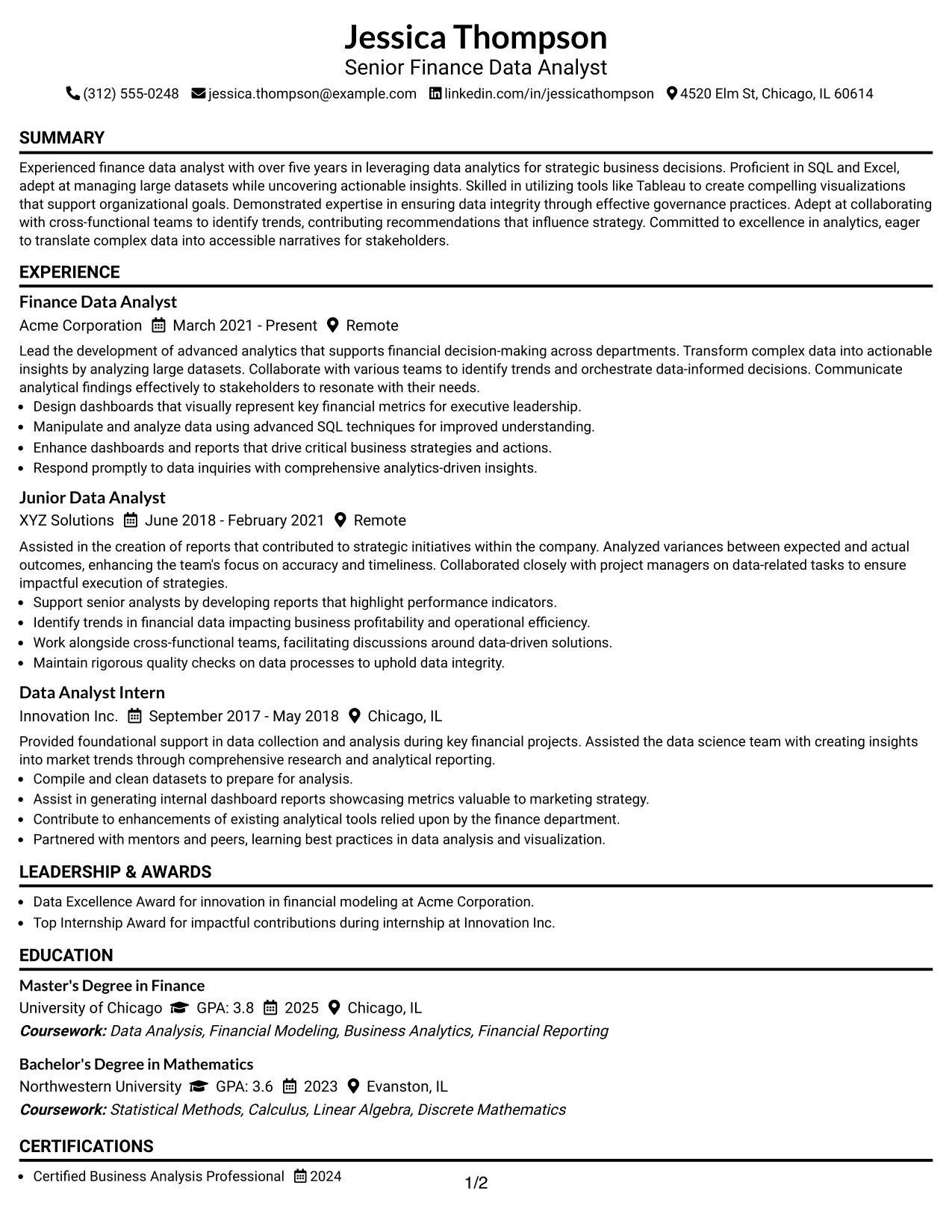 Resume Example Page 1