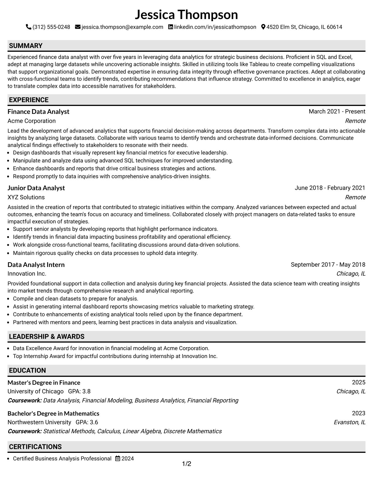Resume Example Page 1
