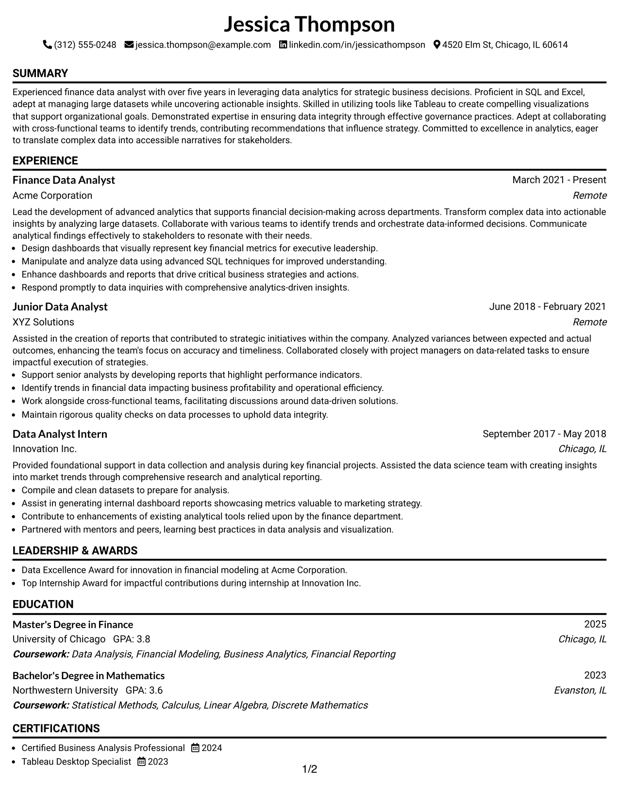 Resume Example Page 1