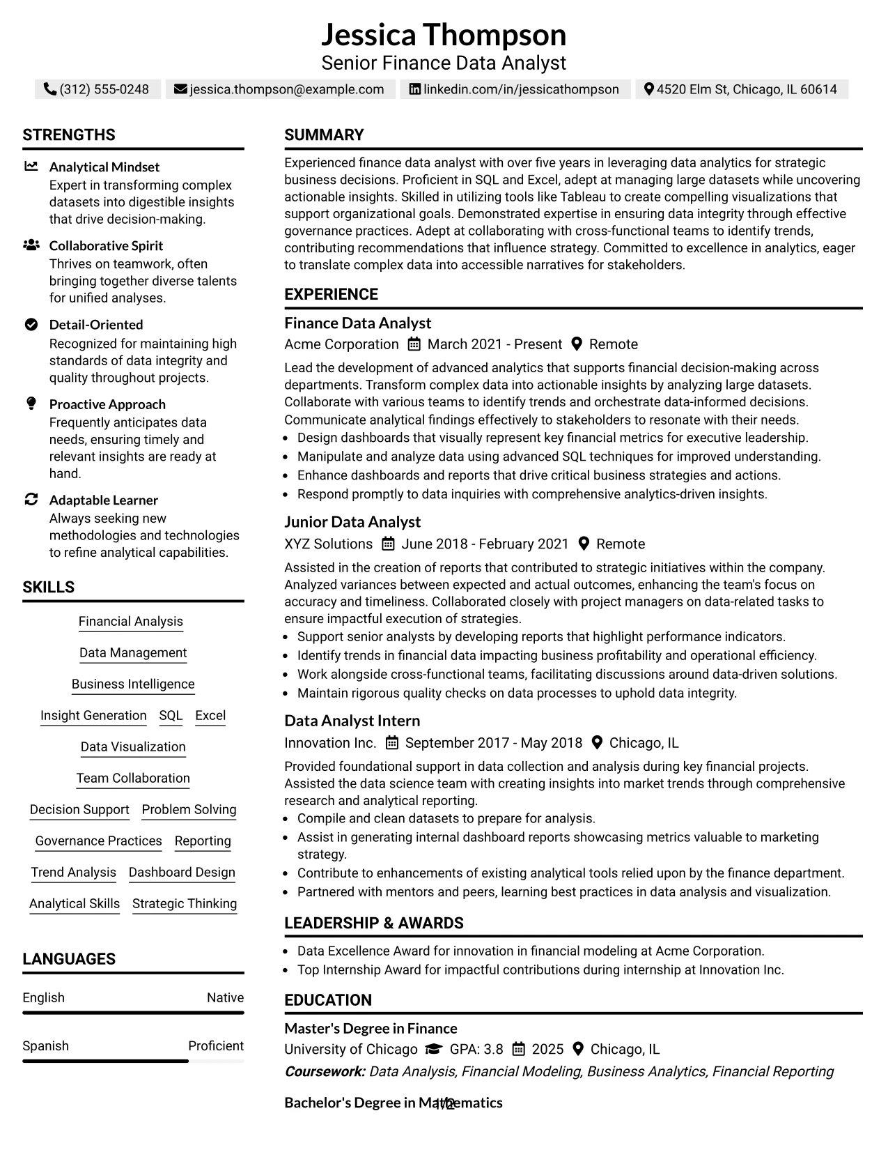 Resume Example Page 1