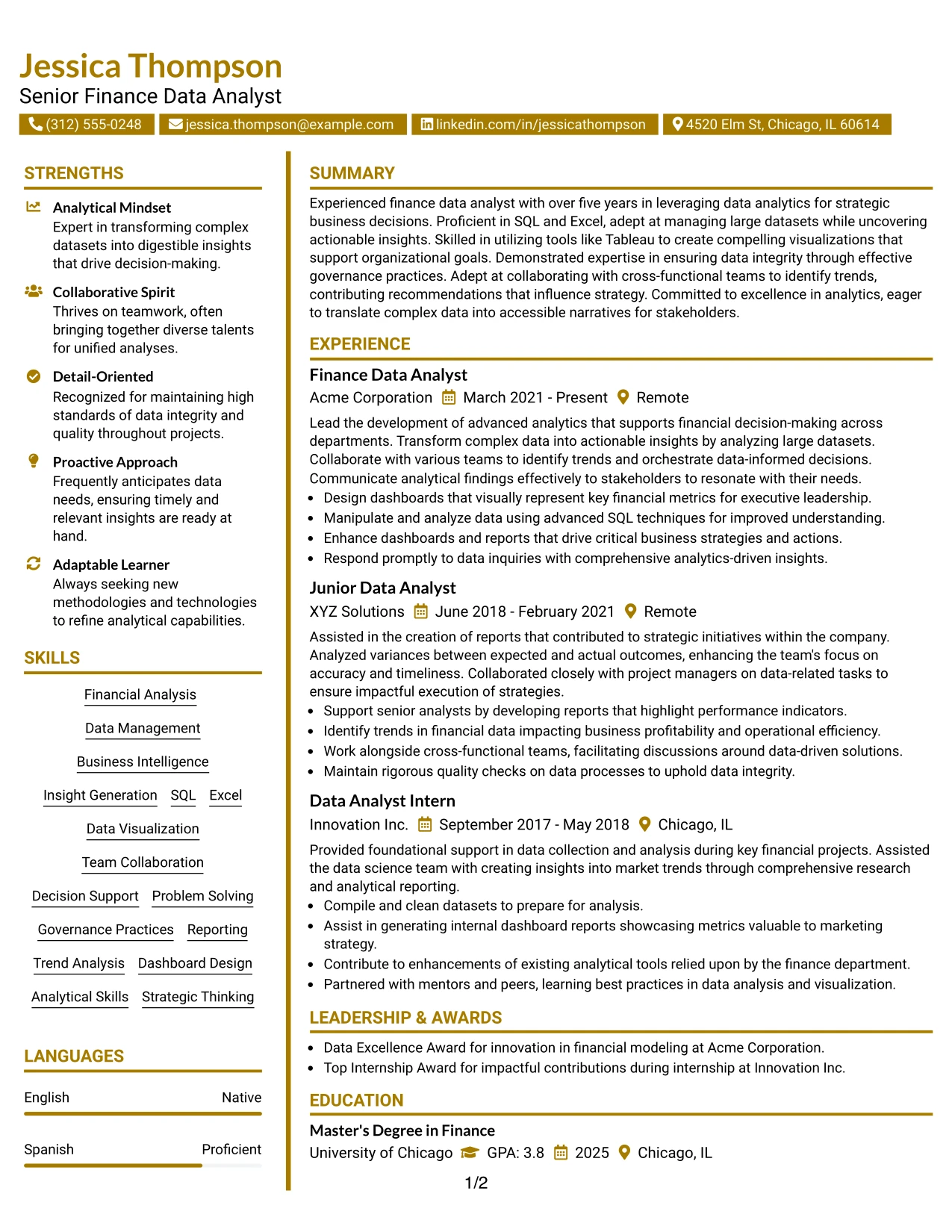 Resume Example Page 1