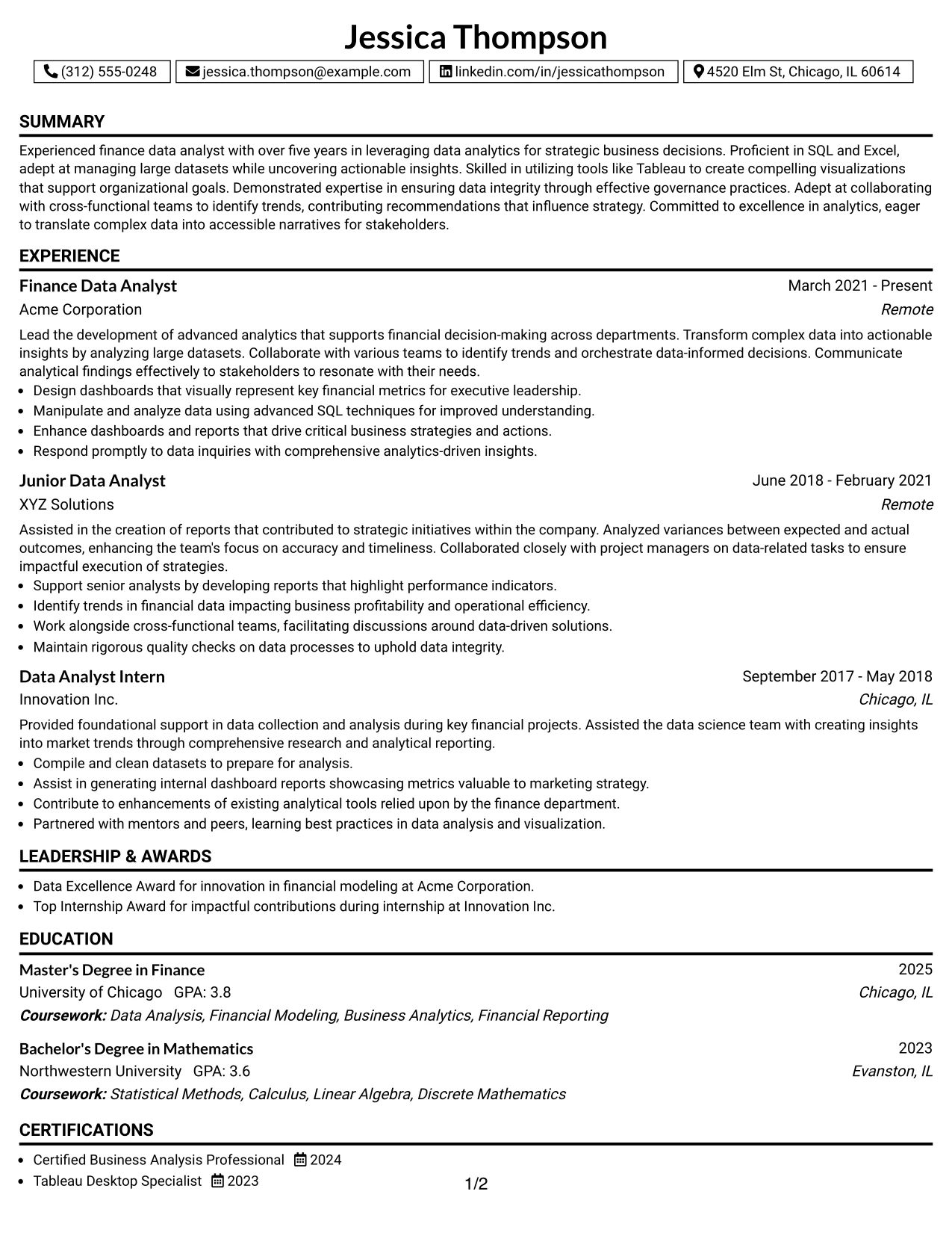 Resume Example Page 1