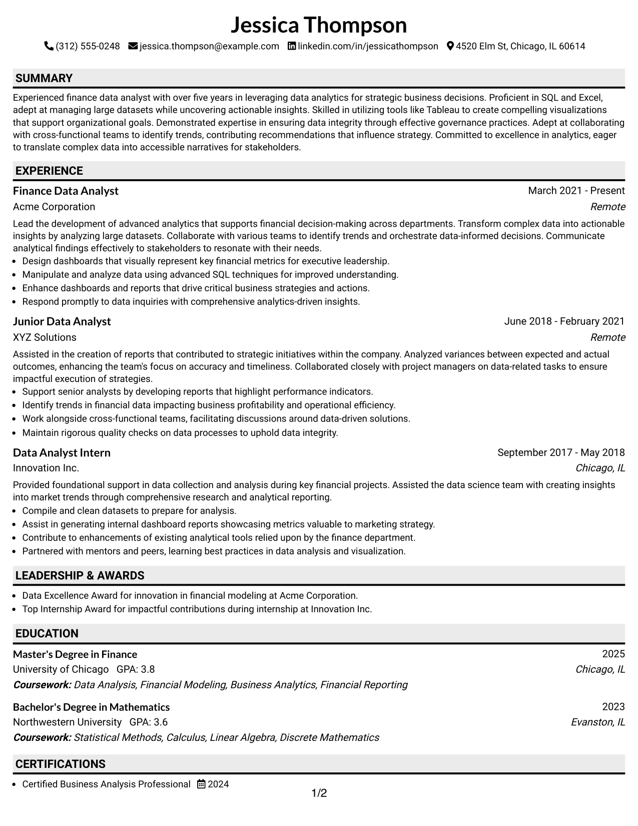 Resume Example Page 1