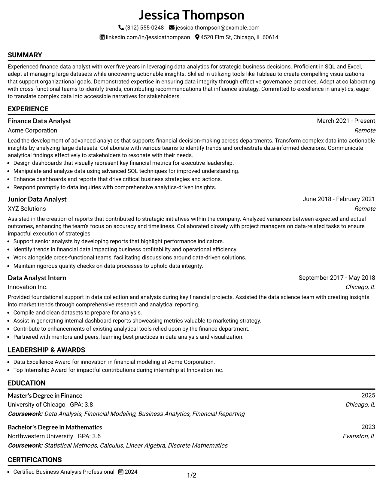 Resume Example Page 1