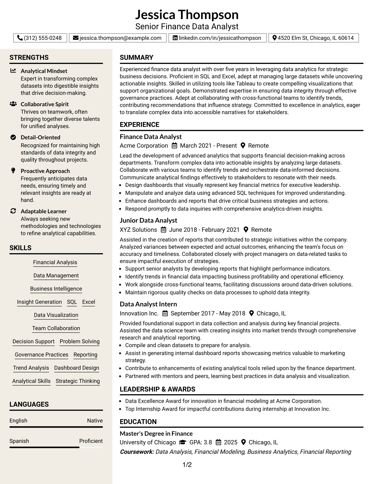 Resume Example Page 1
