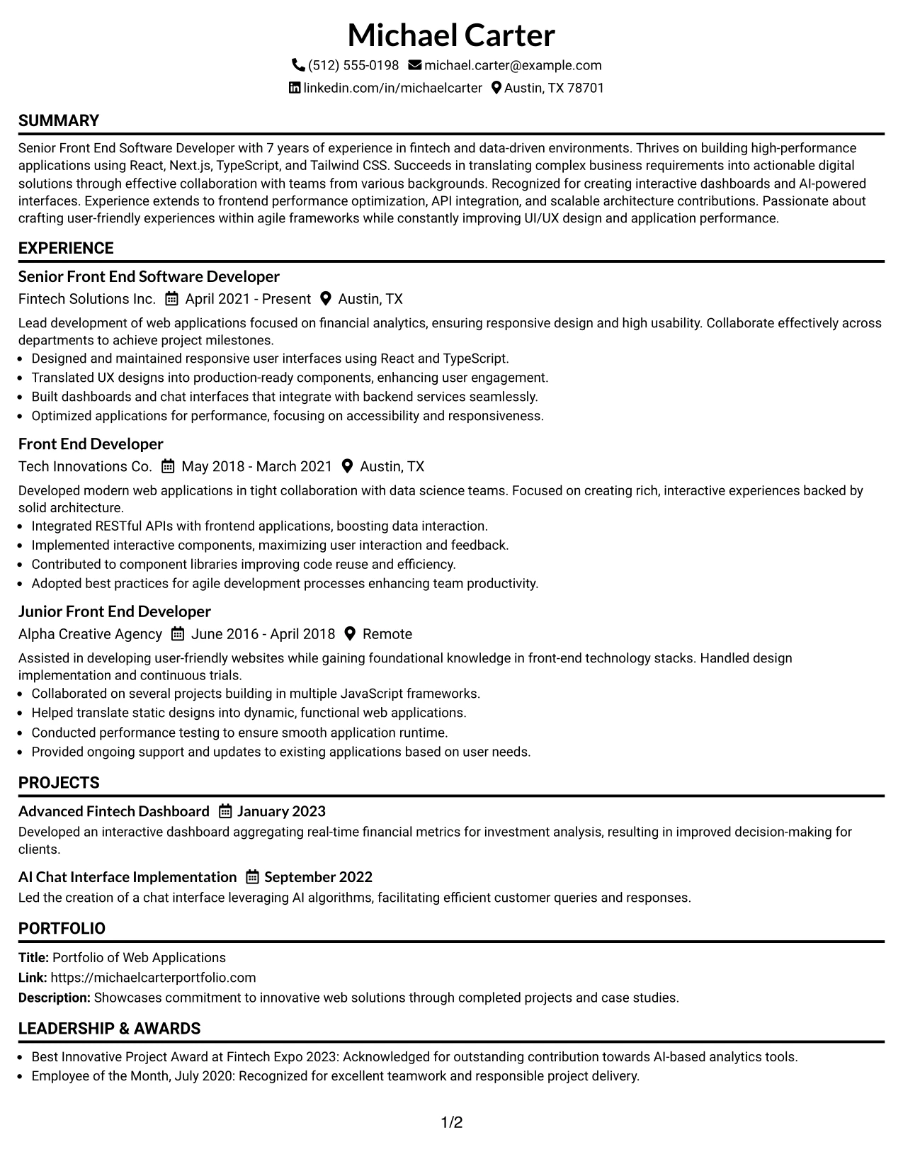Resume Example Page 1