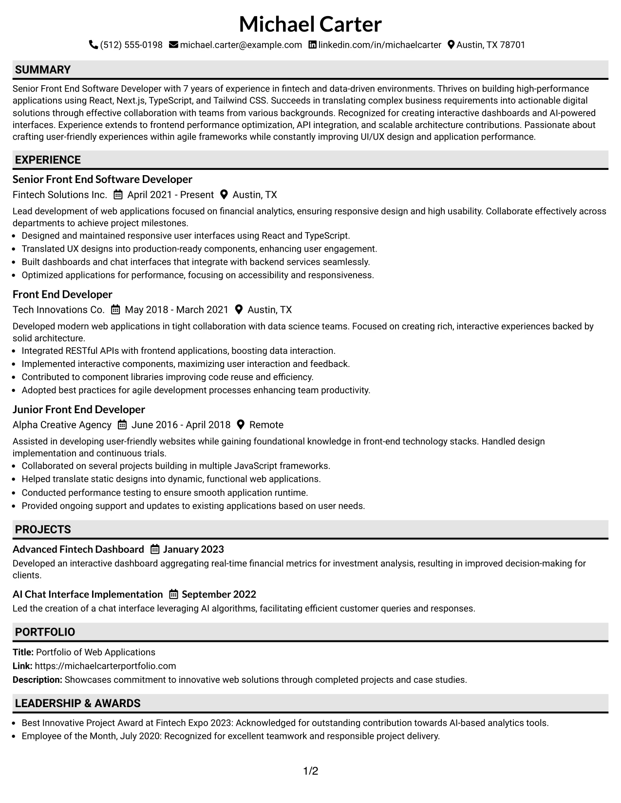 Resume Example Page 1