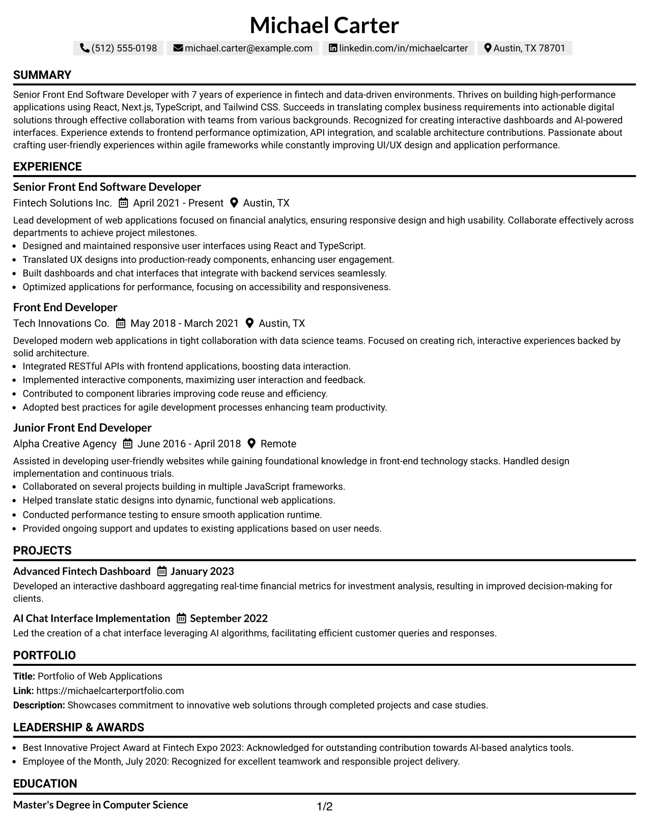 Resume Example Page 1
