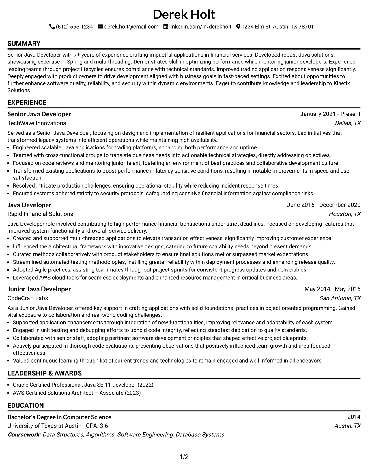 Resume Example Page 1