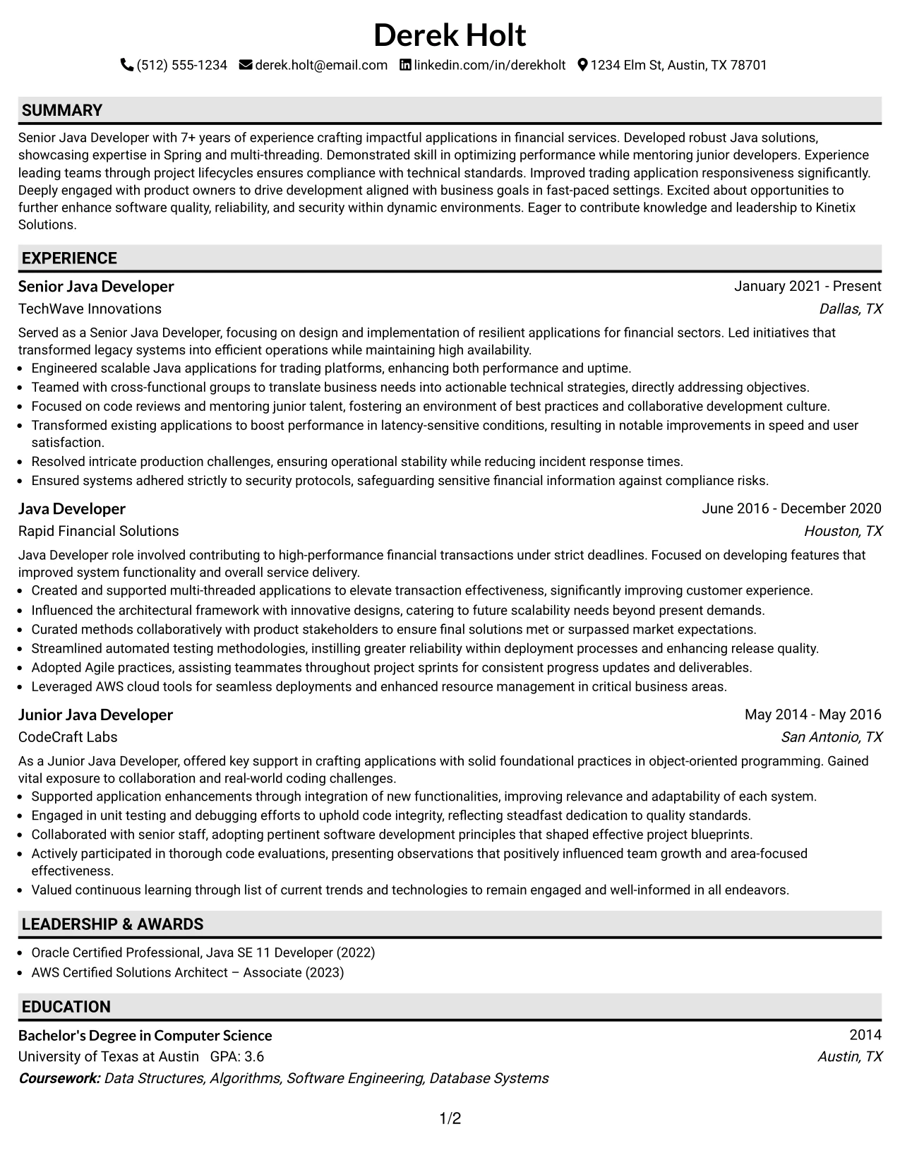 Resume Example Page 1