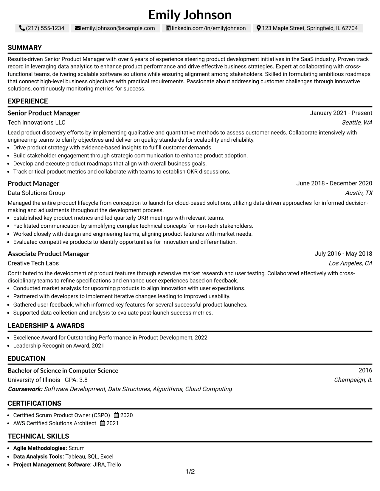 Resume Example Page 1
