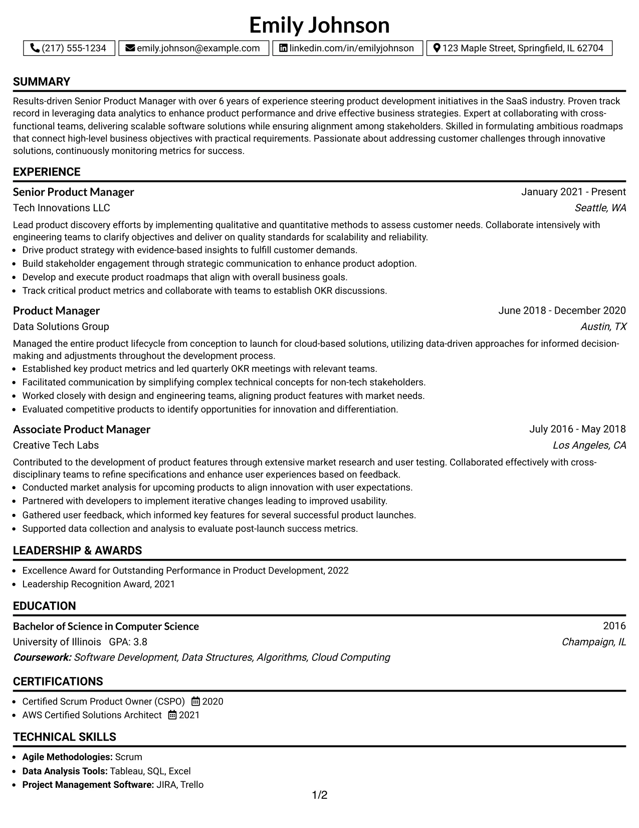 Resume Example Page 1