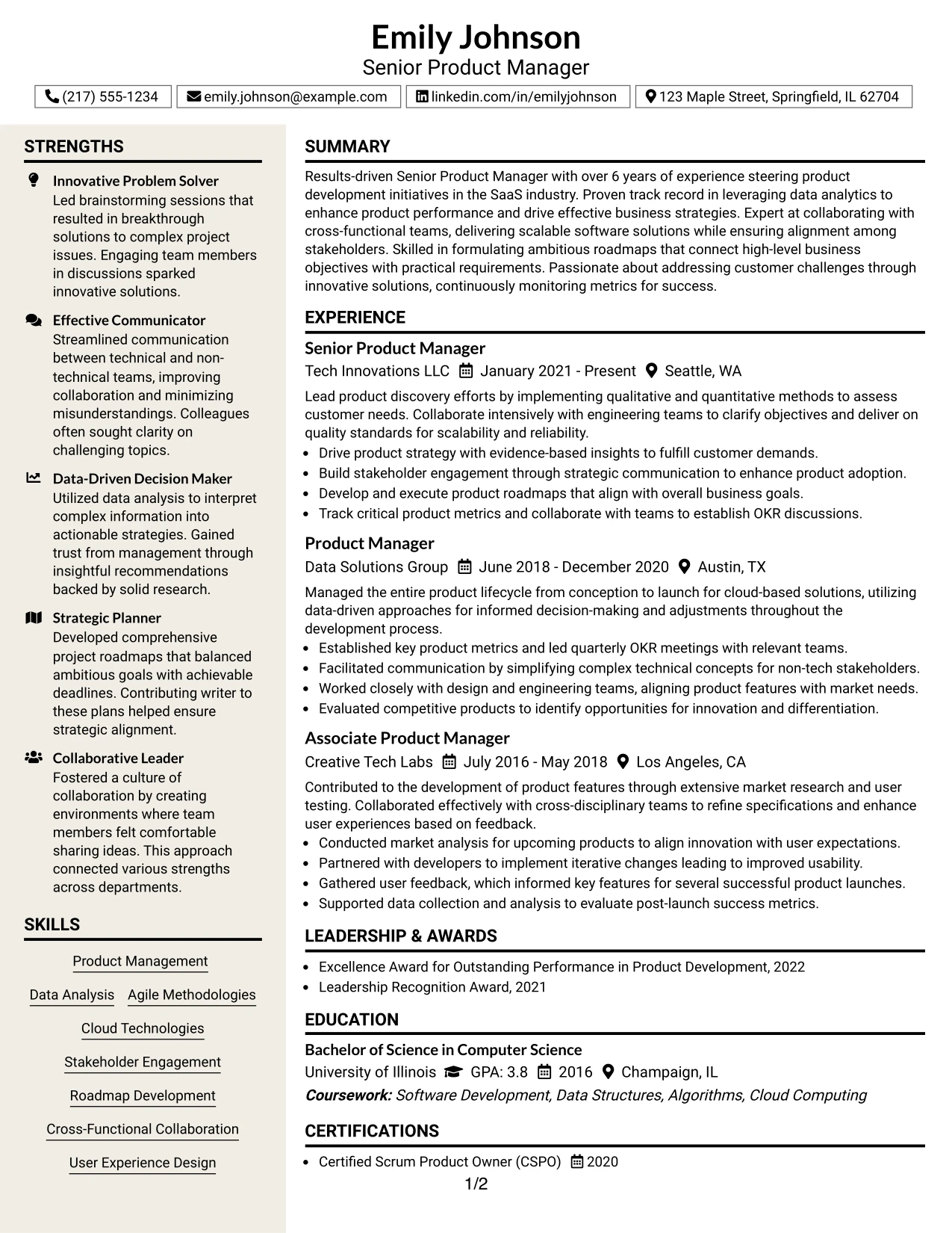 Resume Example Page 1