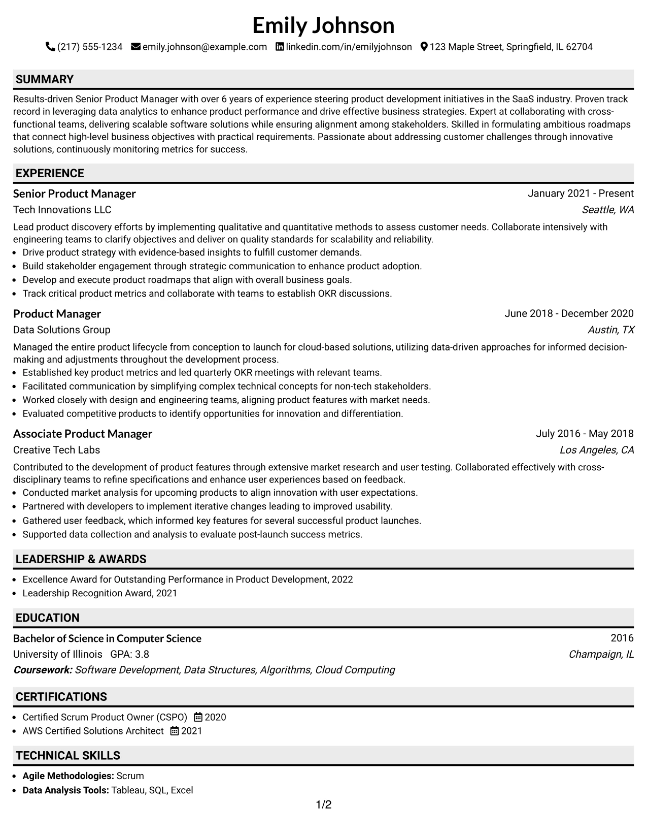 Resume Example Page 1