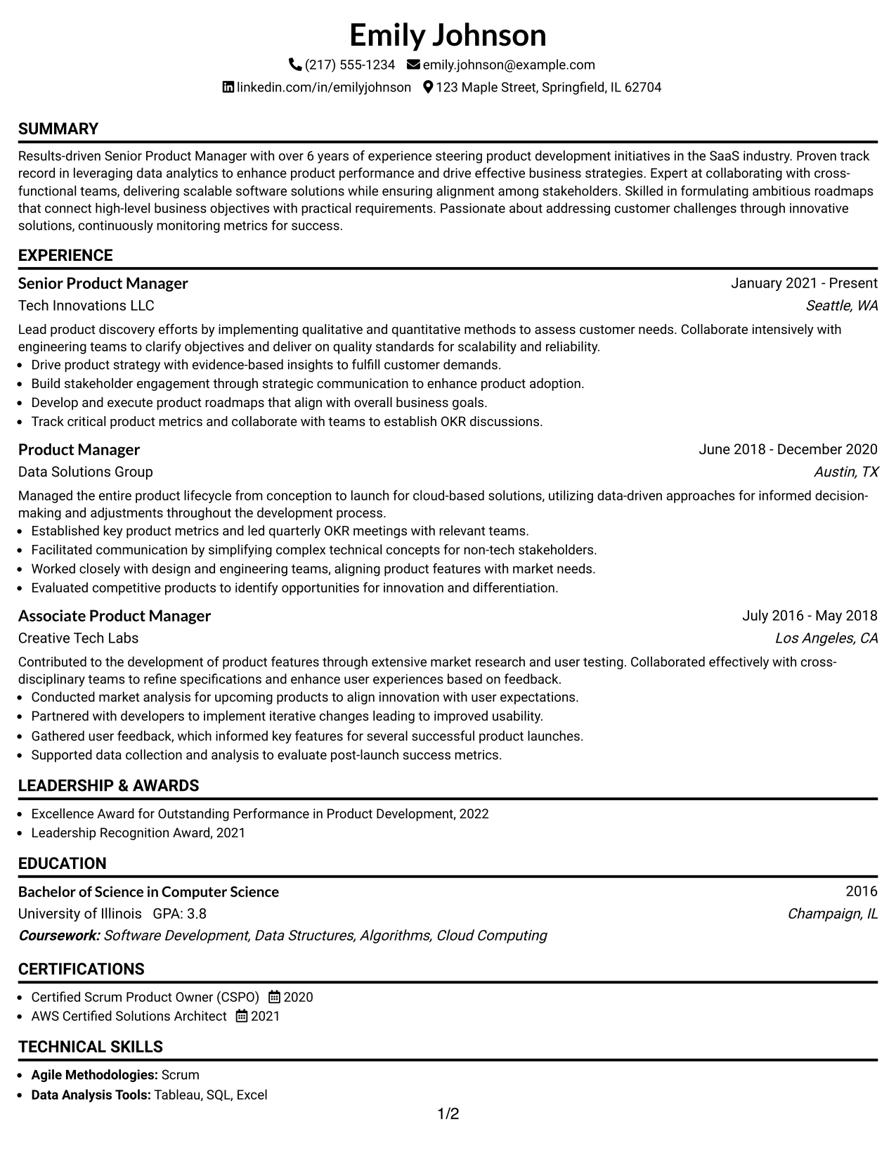 Resume Example Page 1