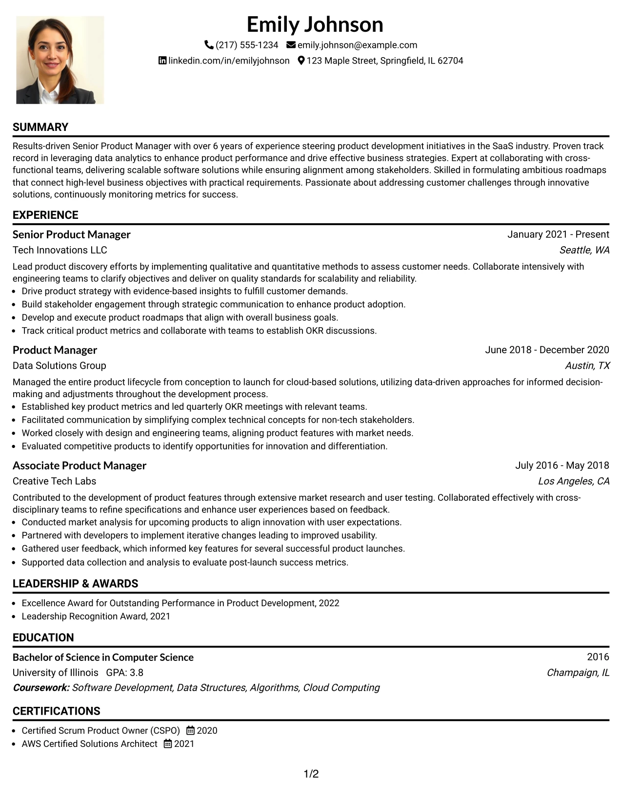 Resume Example Page 1