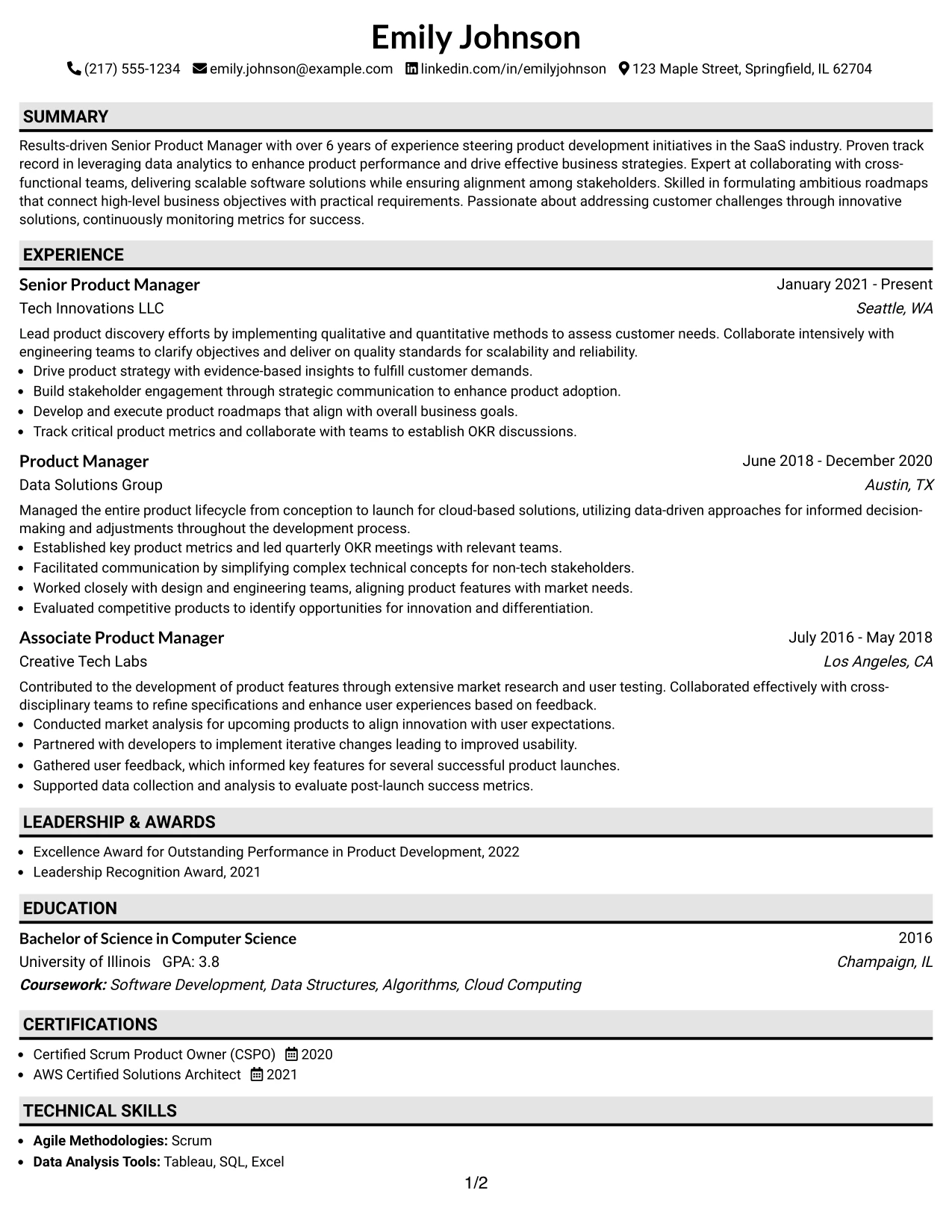 Resume Example Page 1