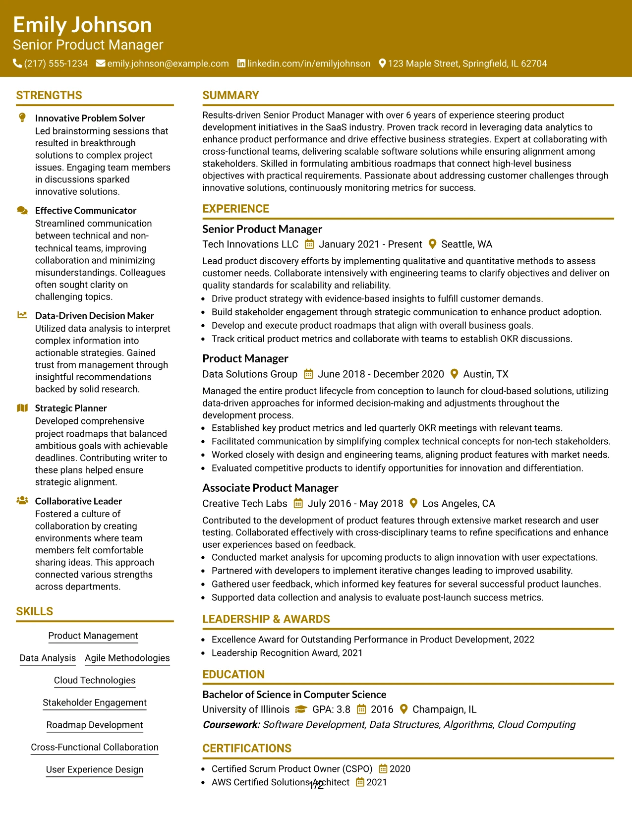 Resume Example Page 1