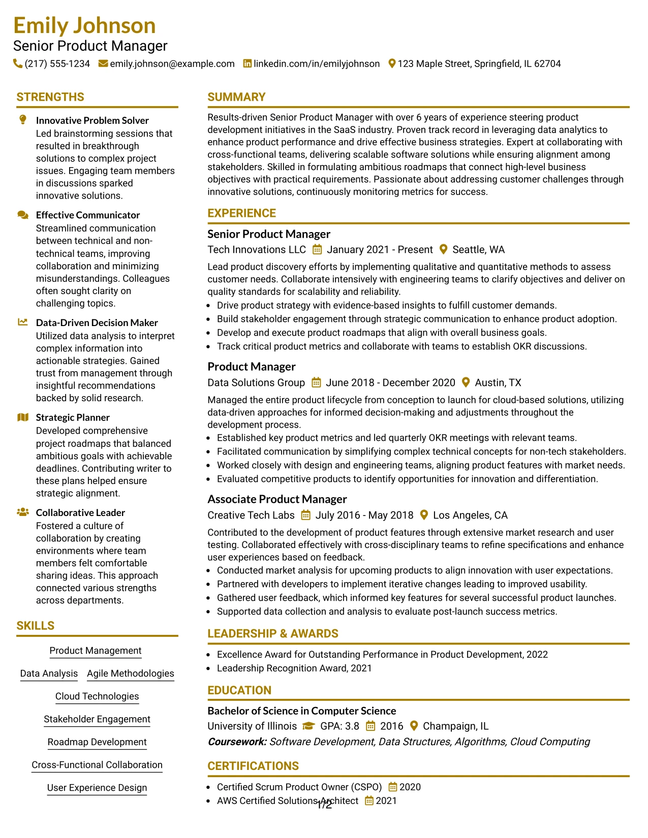 Resume Example Page 1