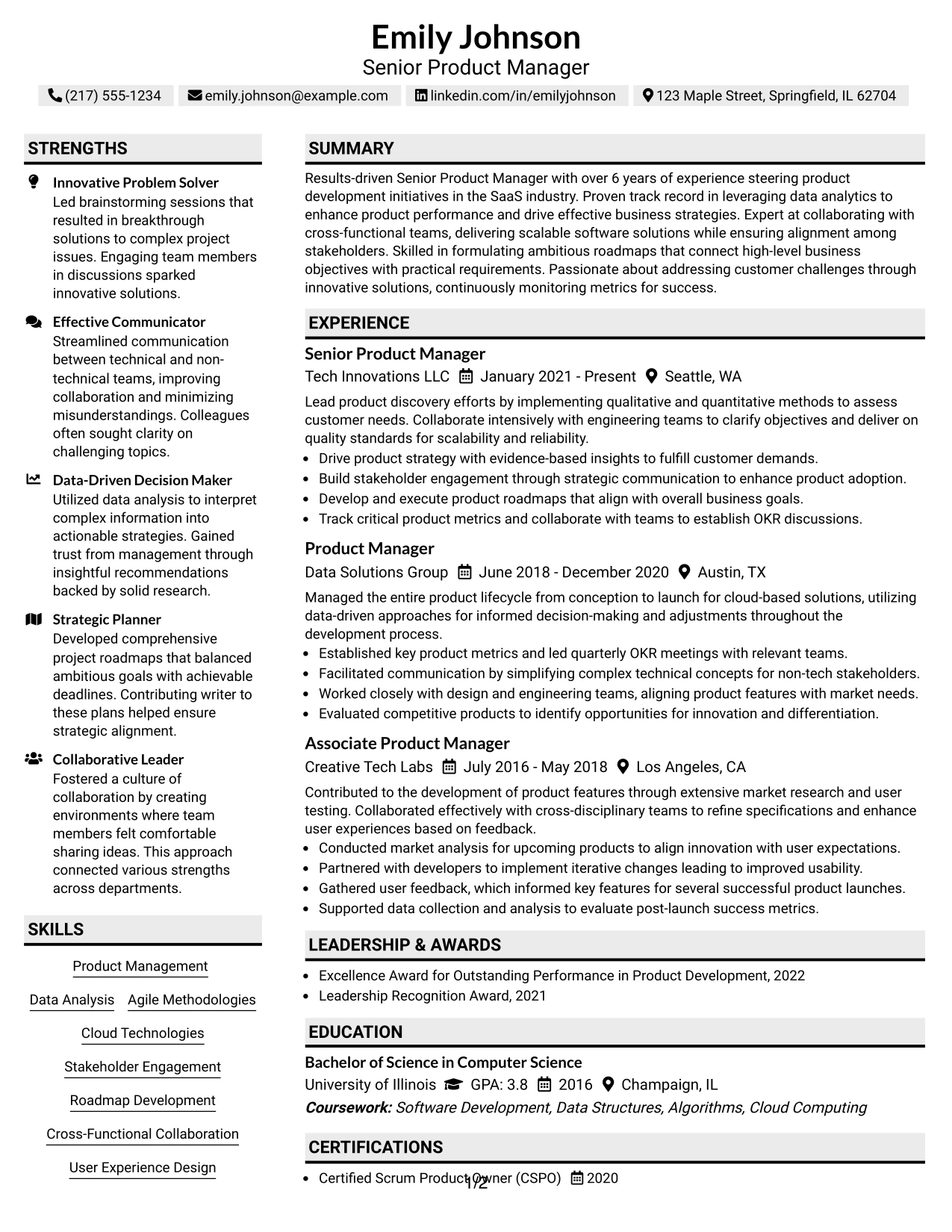 Resume Example Page 1