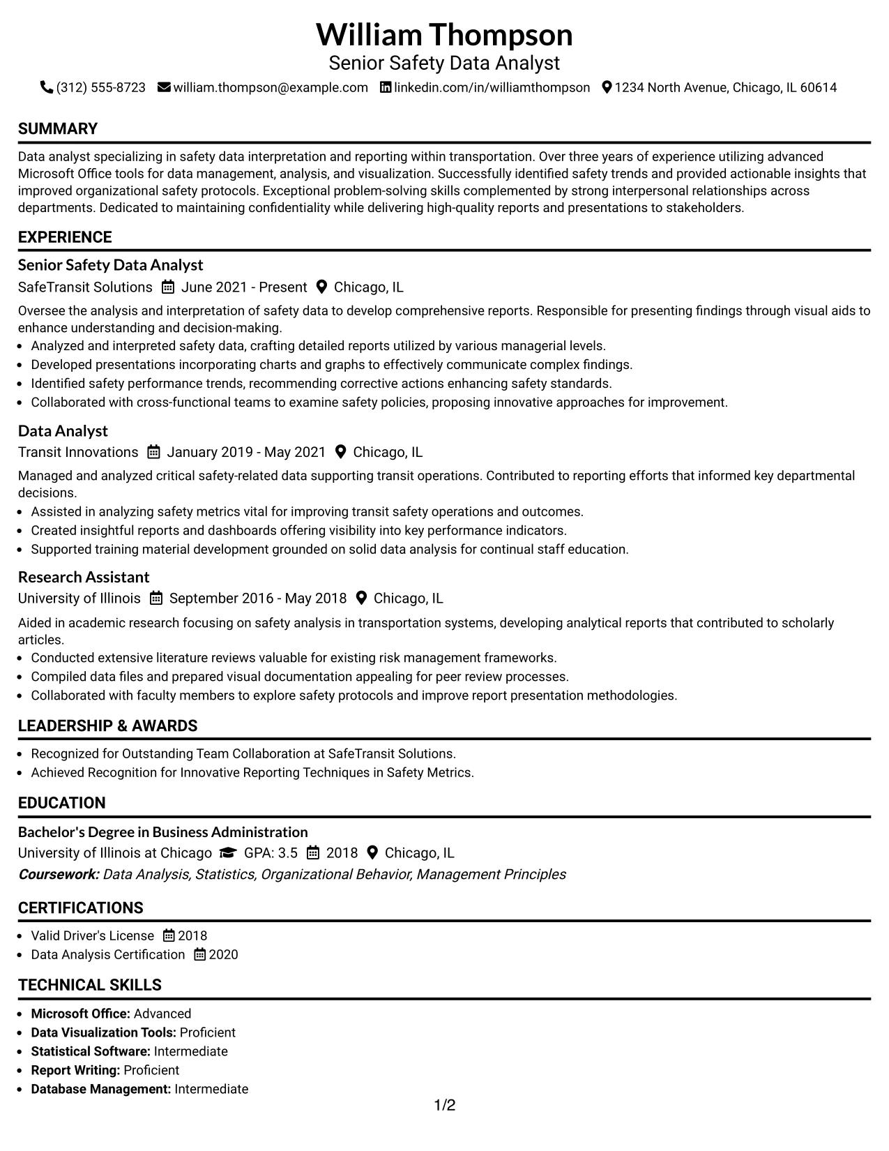 Resume Example Page 1