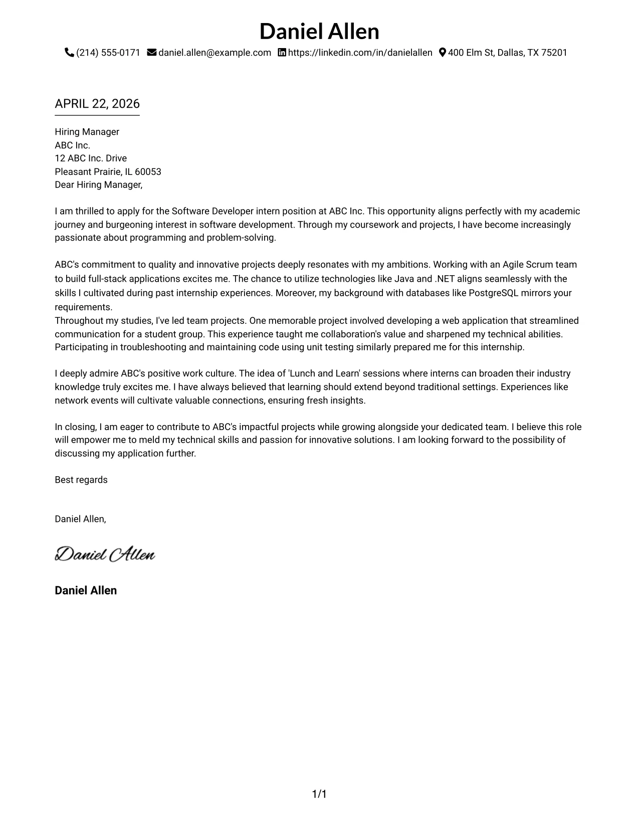 Software Developer Internship Cover Letter Example Minimal Header Format