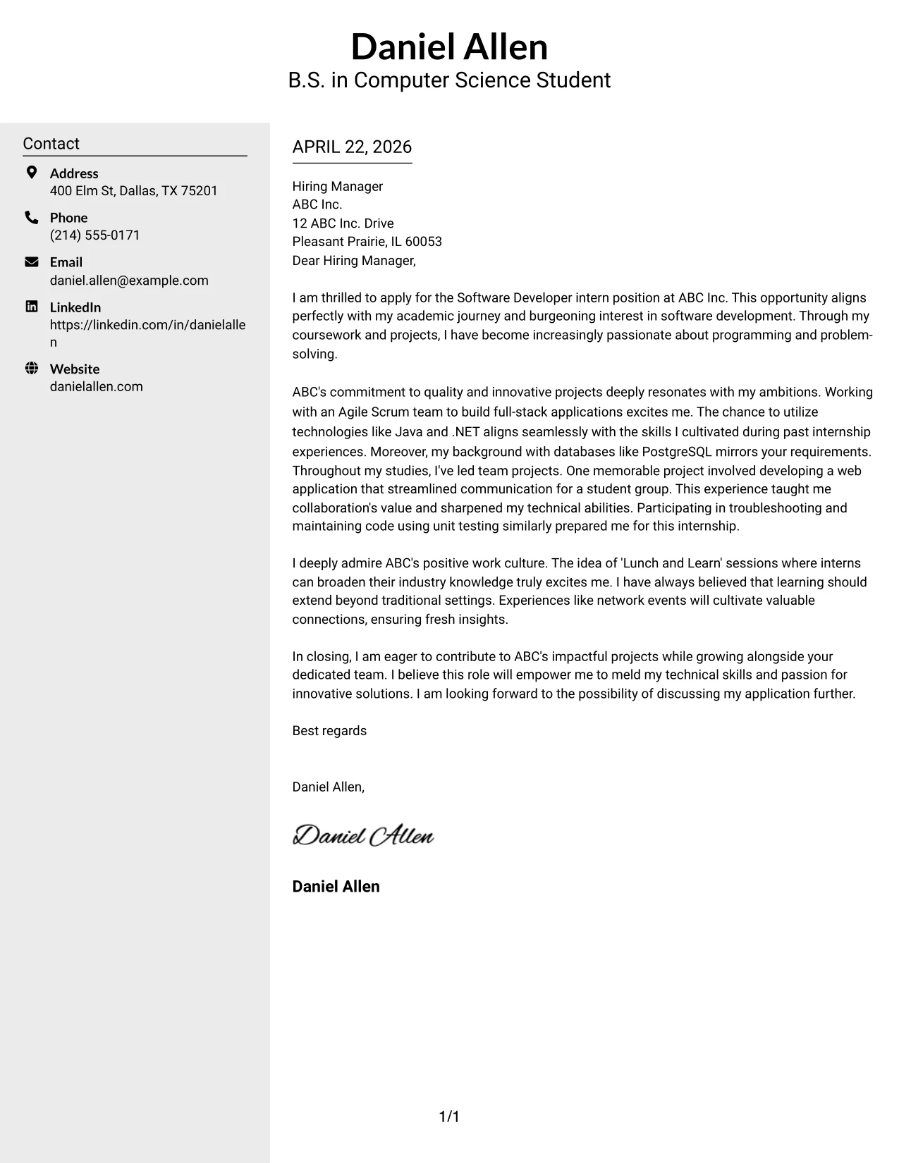 Software Developer Internship Cover Letter Example Clean Two Column Sidebar Format