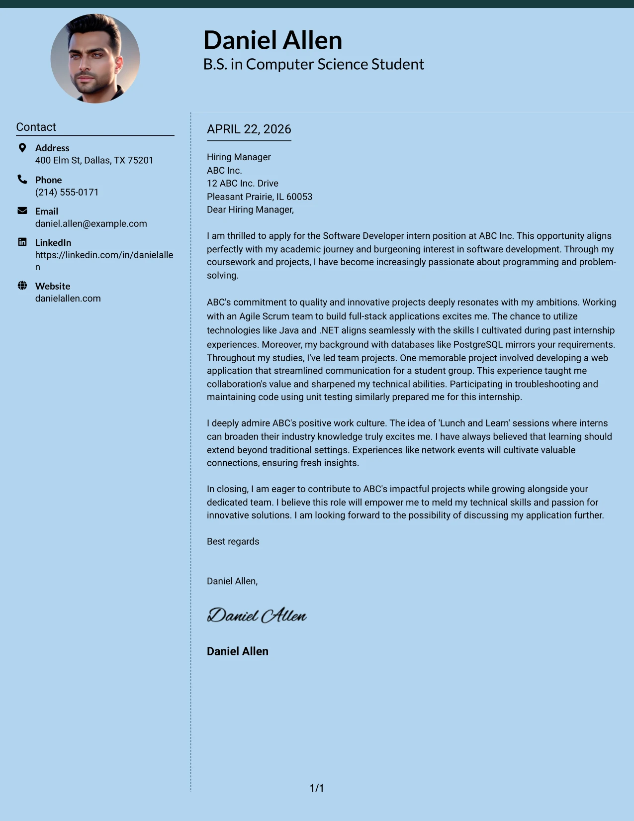 Software Developer Internship Cover Letter Example Modern Full Background Two Column Format