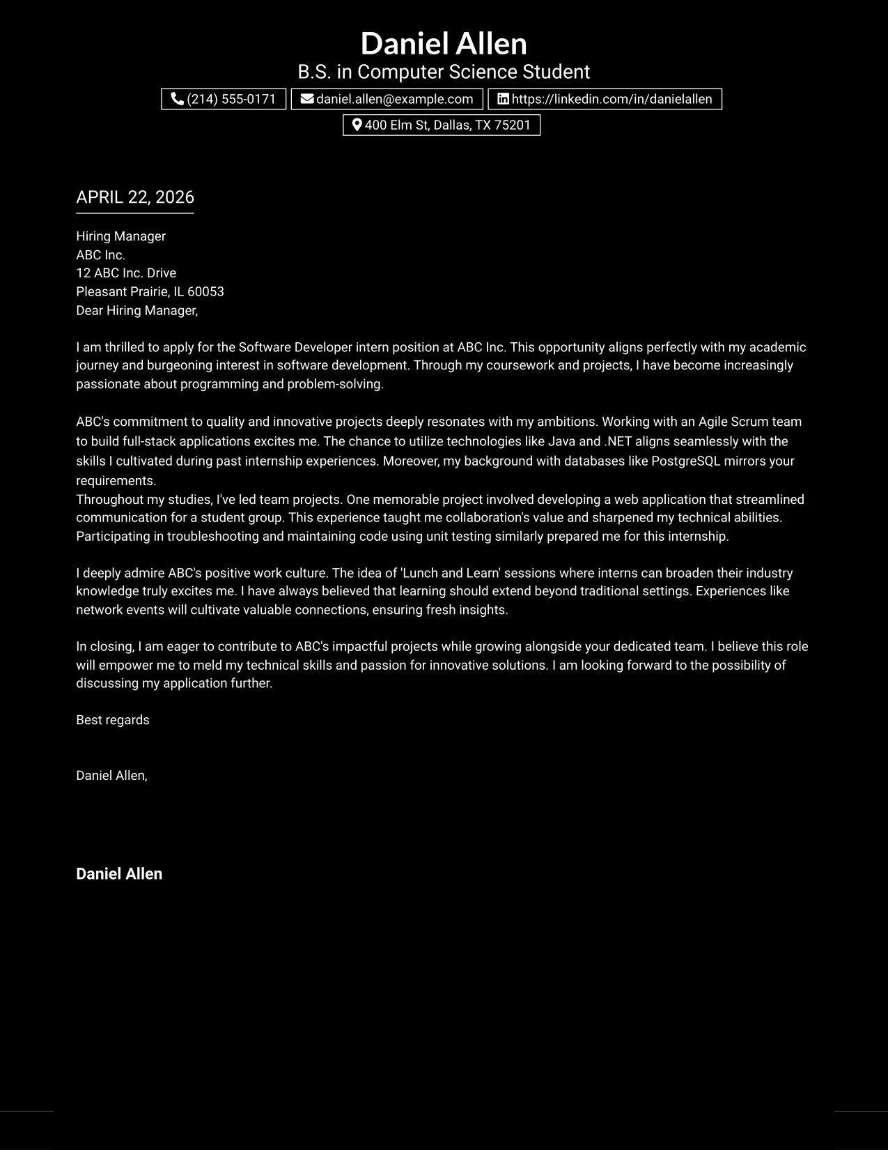 Software Developer Internship Cover Letter Example Dark Mode Box Header Format