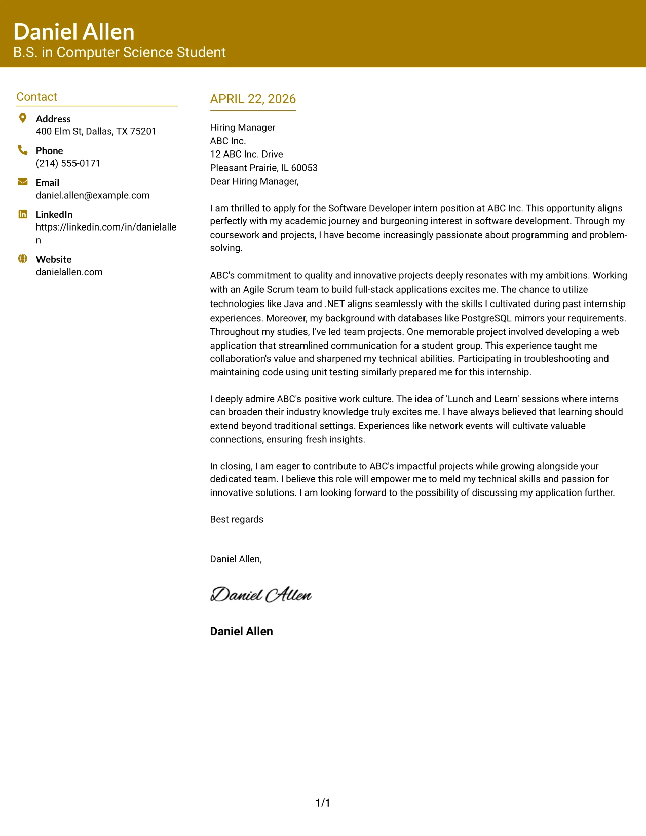 Software Developer Internship Cover Letter Example Bold Color Header Professional Format