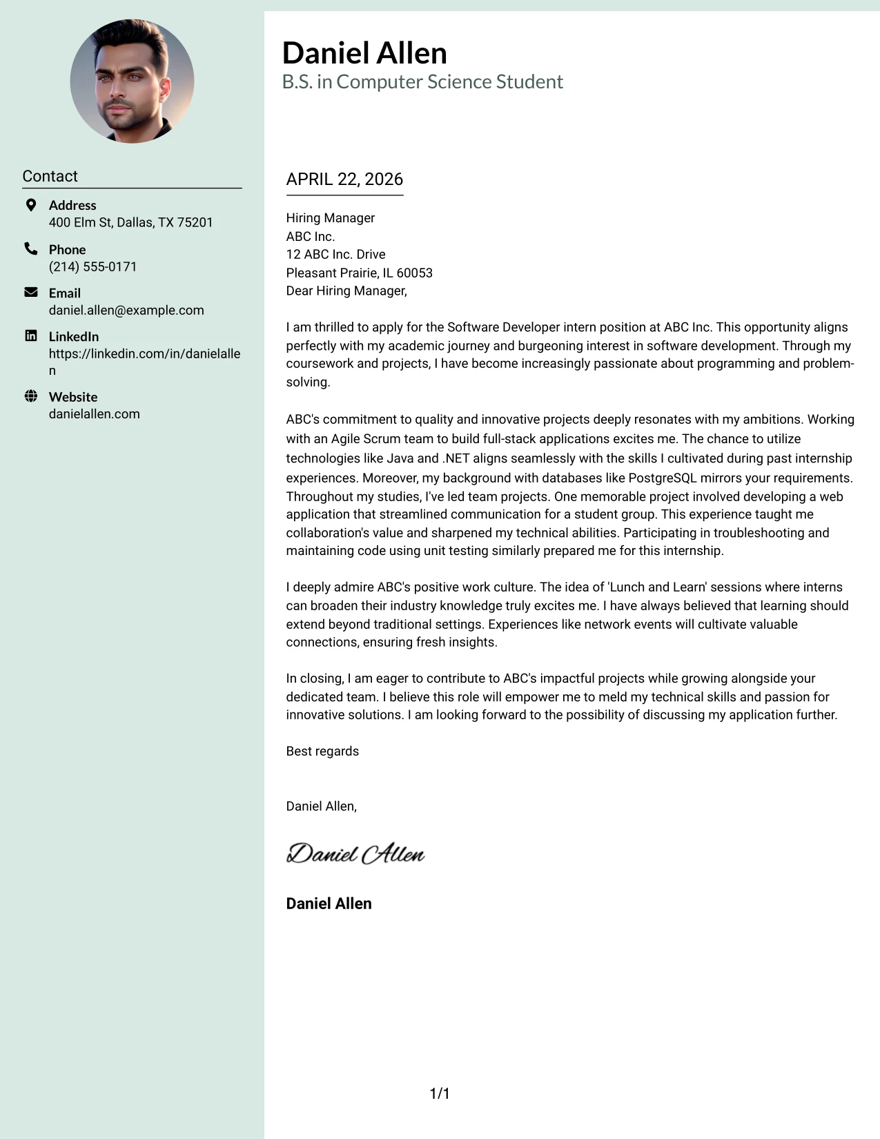 Software Developer Internship Cover Letter Example Photo Header Color Sidebar Format