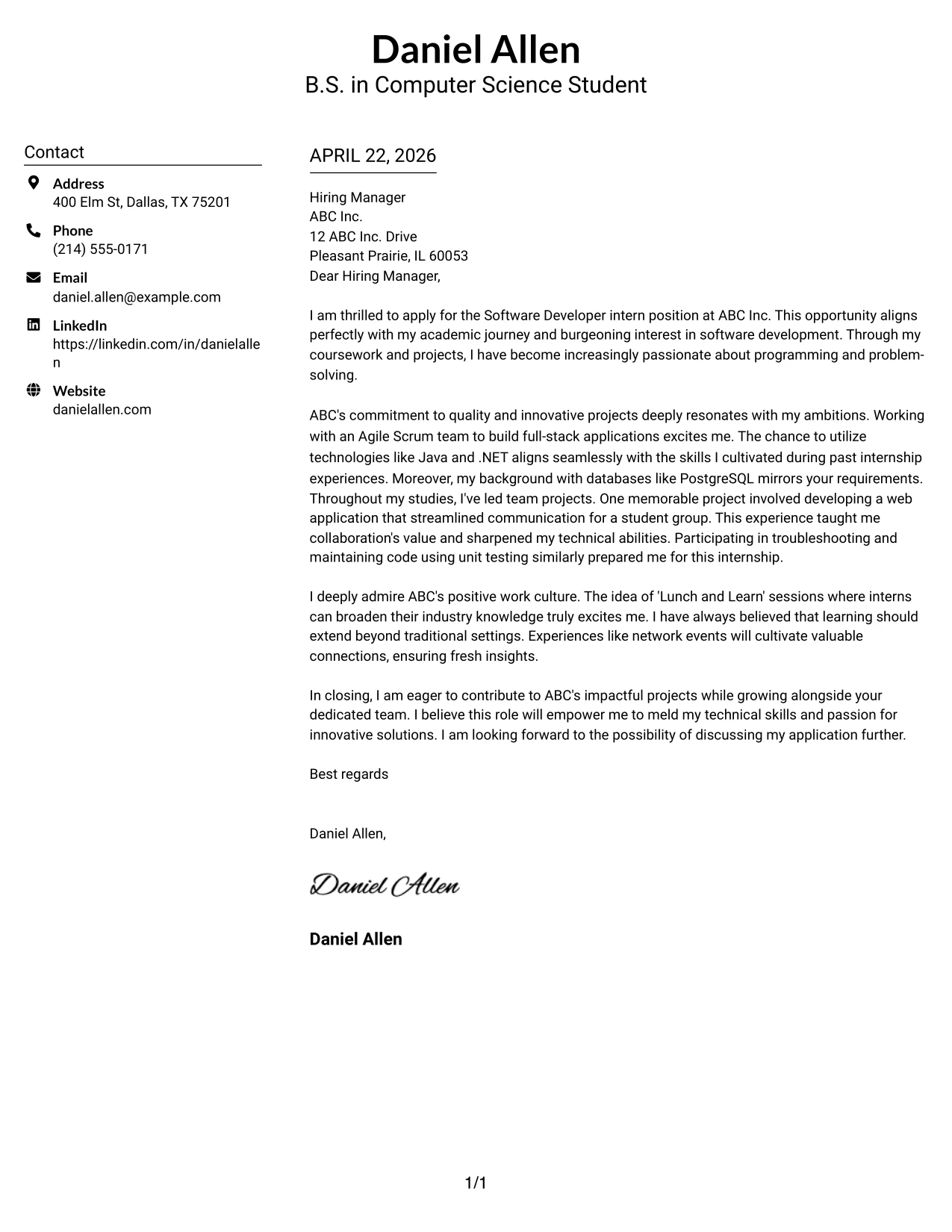 Software Developer Internship Cover Letter Example Centered Header Classic Two Column Format